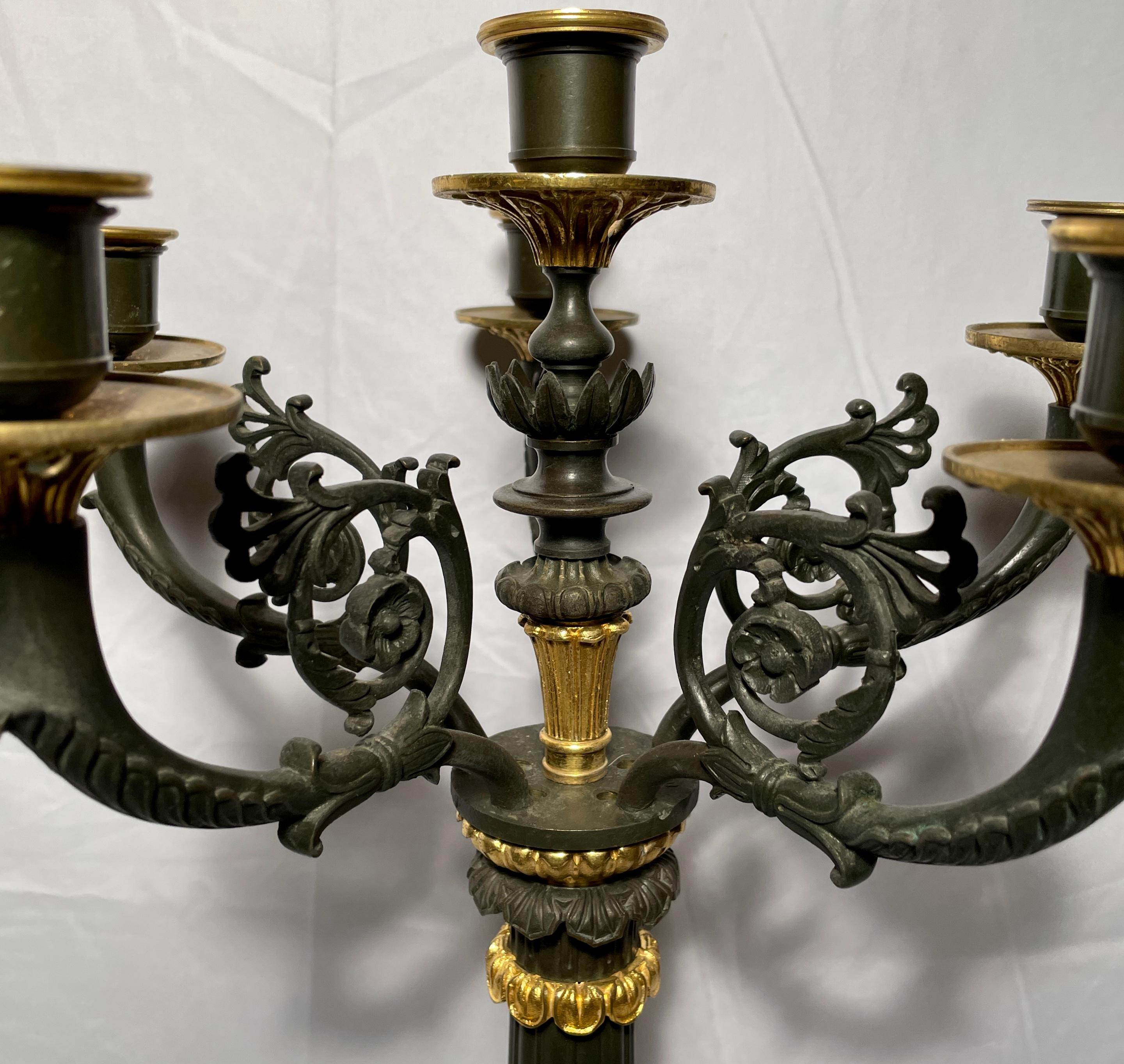 19th Century Pair Antique French Charles X Gold Bronze & Patinated Bronze Candelabra, Ca 1880 For Sale