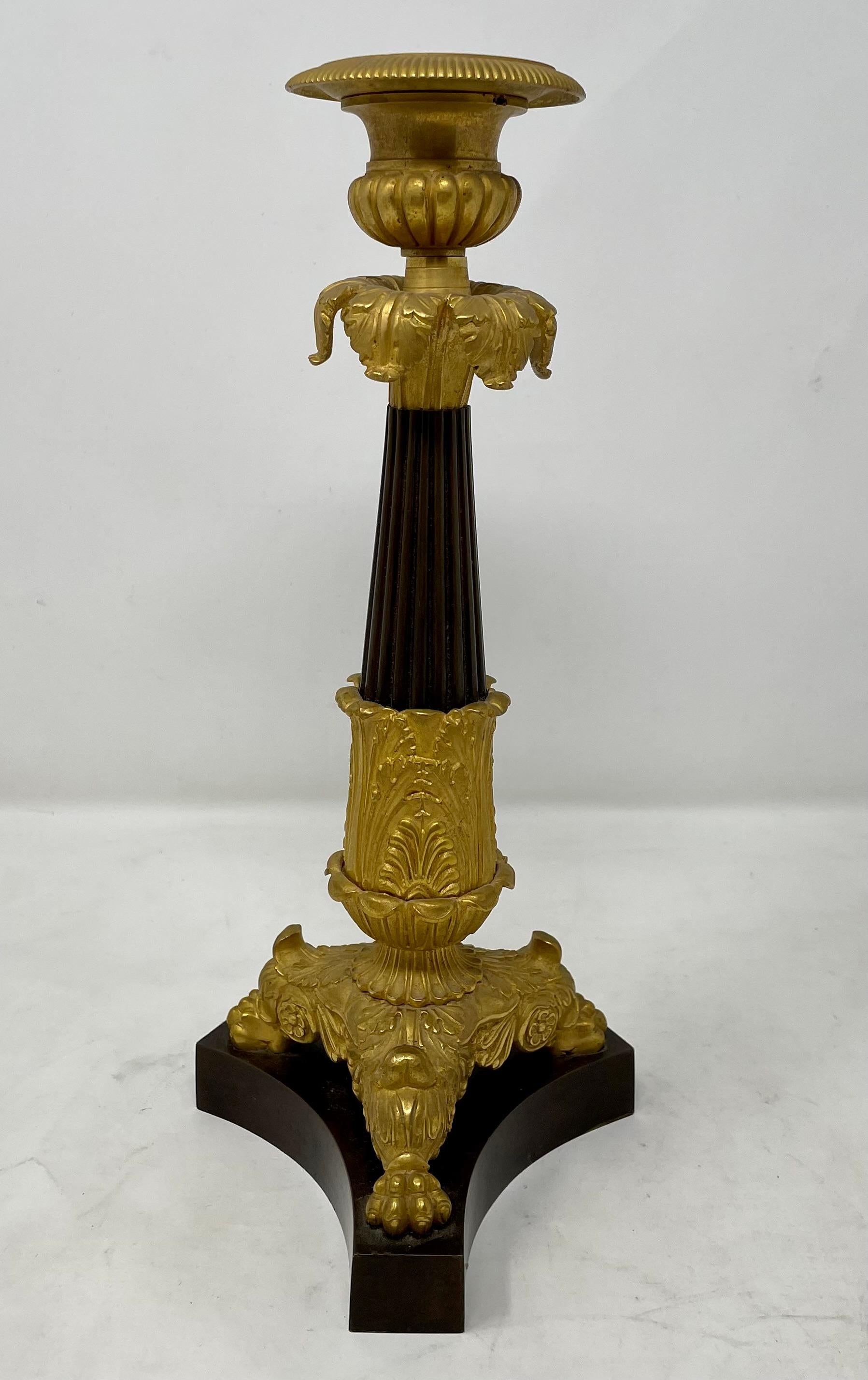 Pair Antique French Charles X Gold & Patinated Bronze Candlesticks, Circa 1880 In Good Condition For Sale In New Orleans, LA