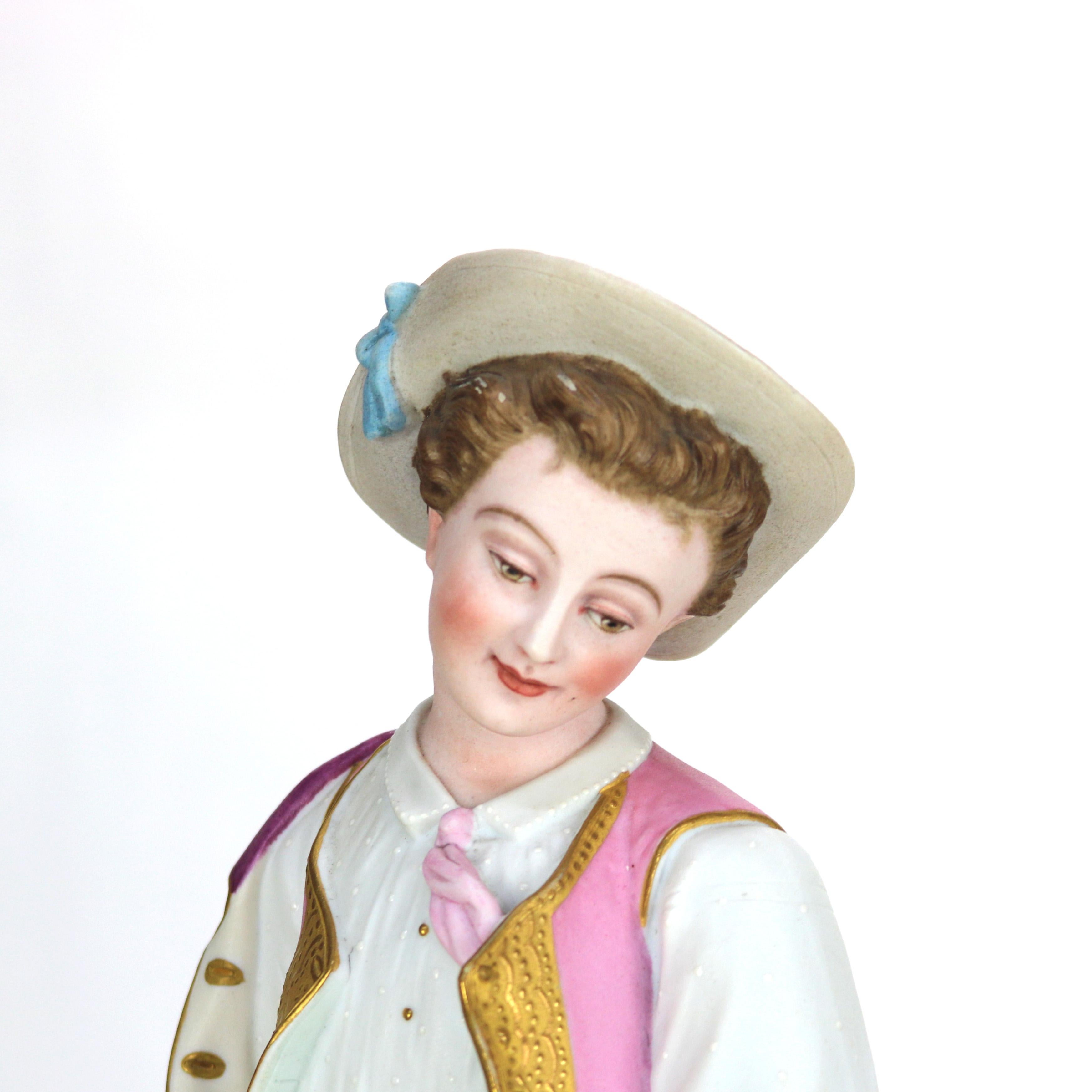 Par de Figuras Antiguas Francesas de Bisque de Porcelana Policromada de la Escuela de Chelsea C1880

Medidas- Macho 18,75 