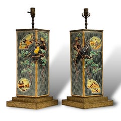 Pair Antique French Chinoiserie Majolica Faience Table Lamps