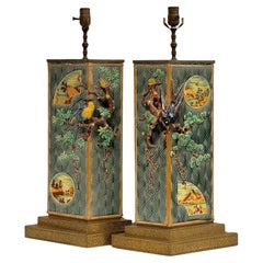 Pair Antique French Chinoiserie Majolica Faience Table Lamps