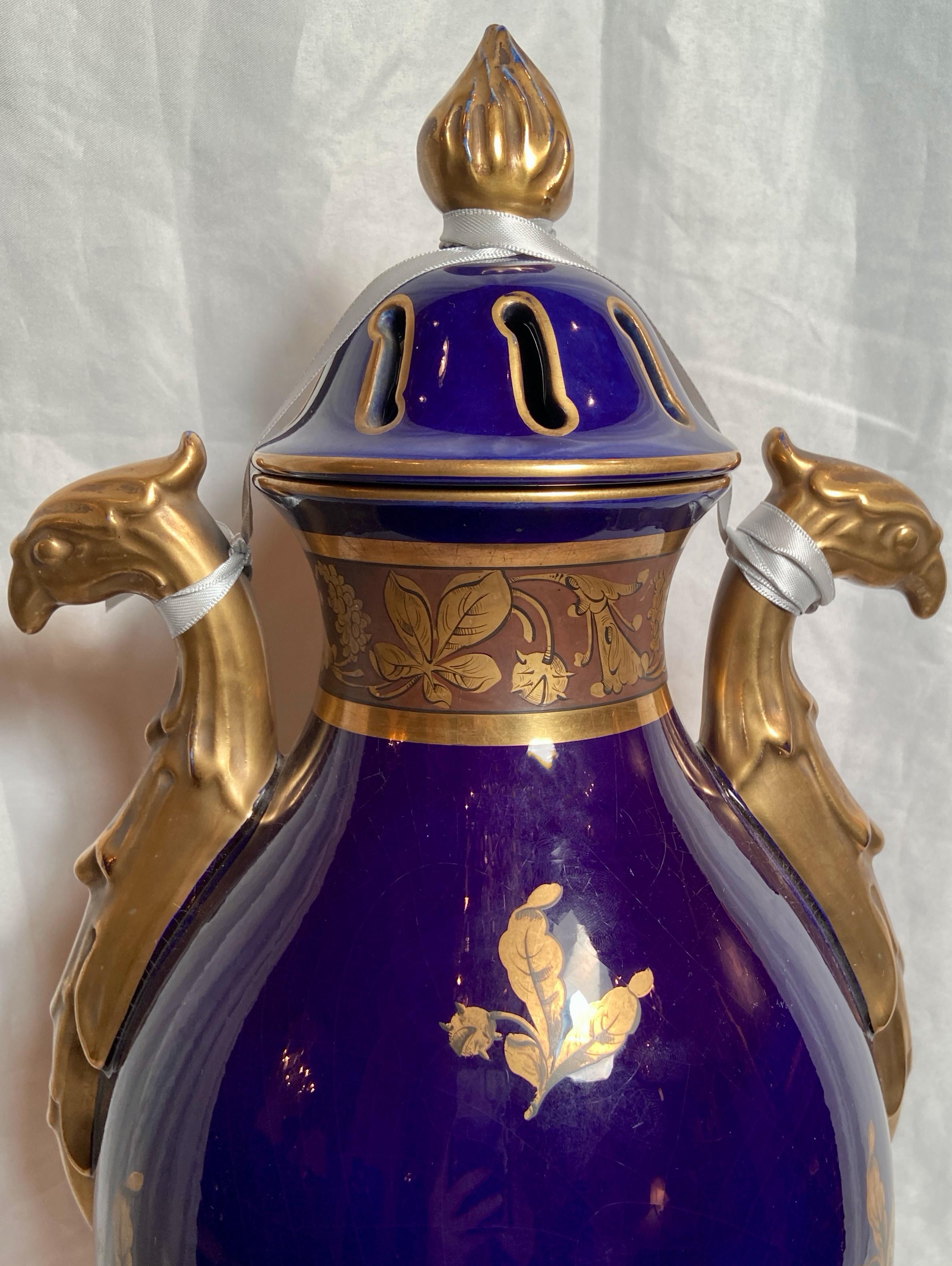 20th Century Pair Antique French Cobalt Blue and Gold Porcelain Urns, Circa 1900-1910