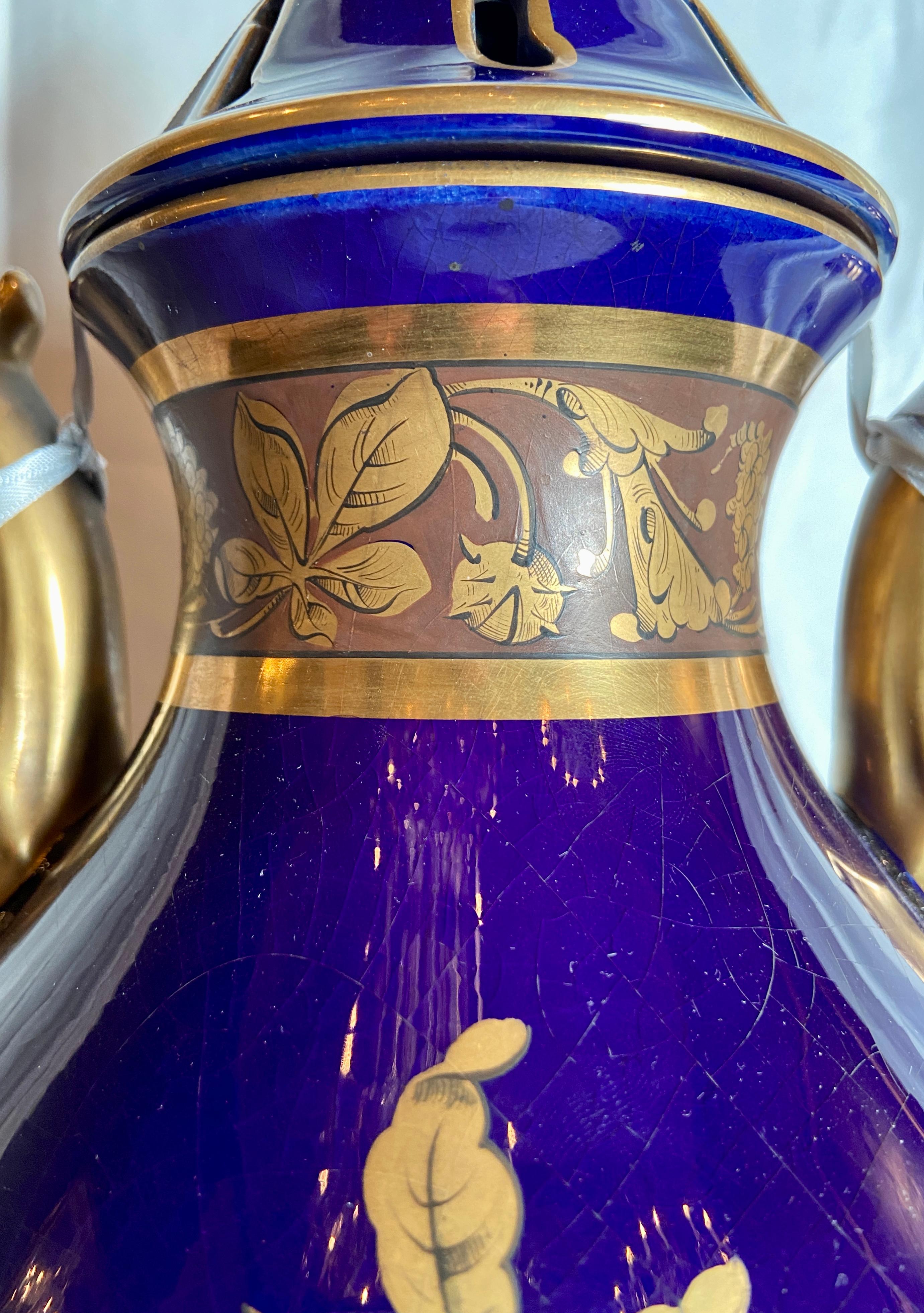 Pair Antique French Cobalt Blue and Gold Porcelain Urns, Circa 1900-1910 1