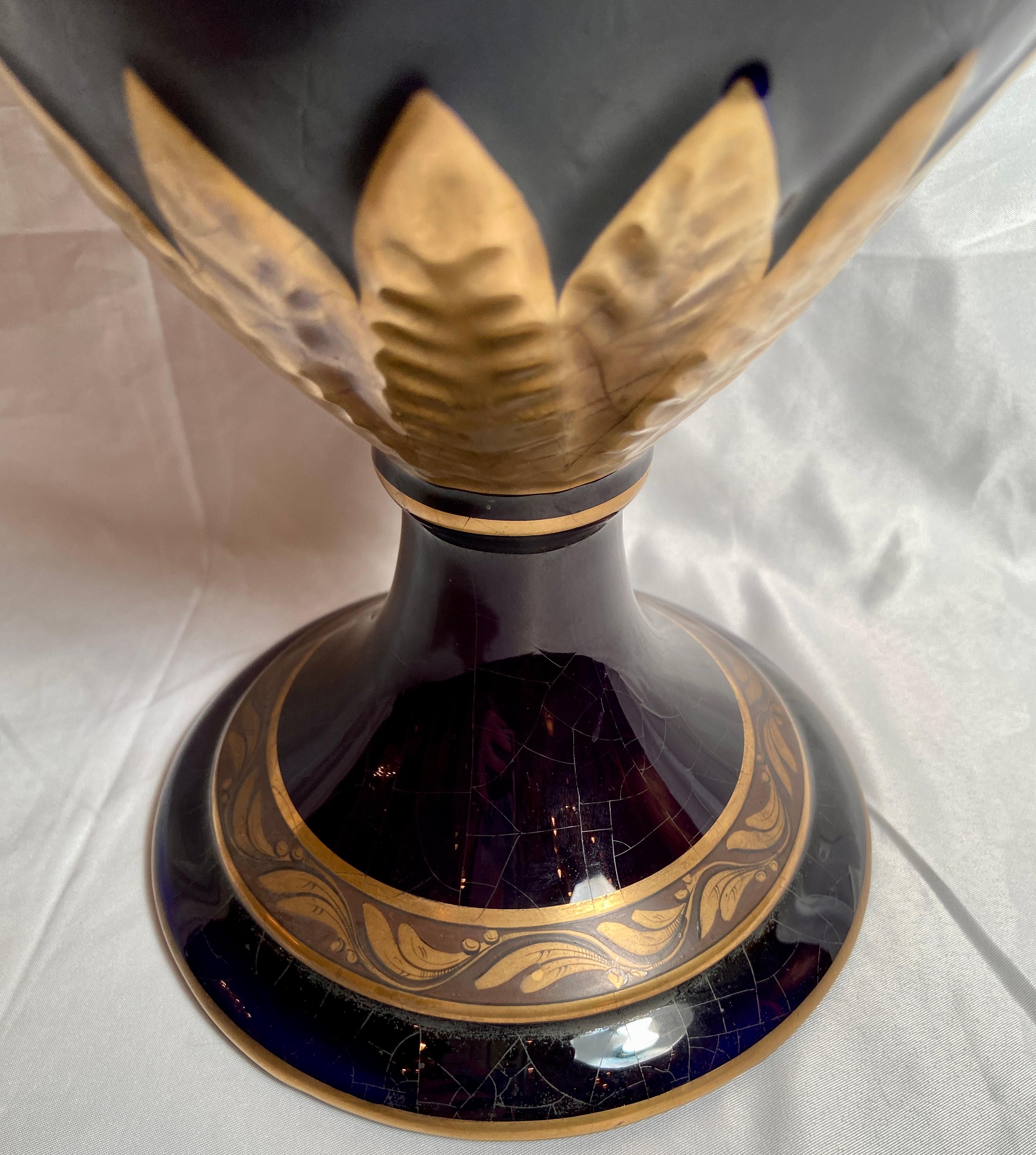Pair Antique French Cobalt Blue and Gold Porcelain Urns, Circa 1900-1910 4