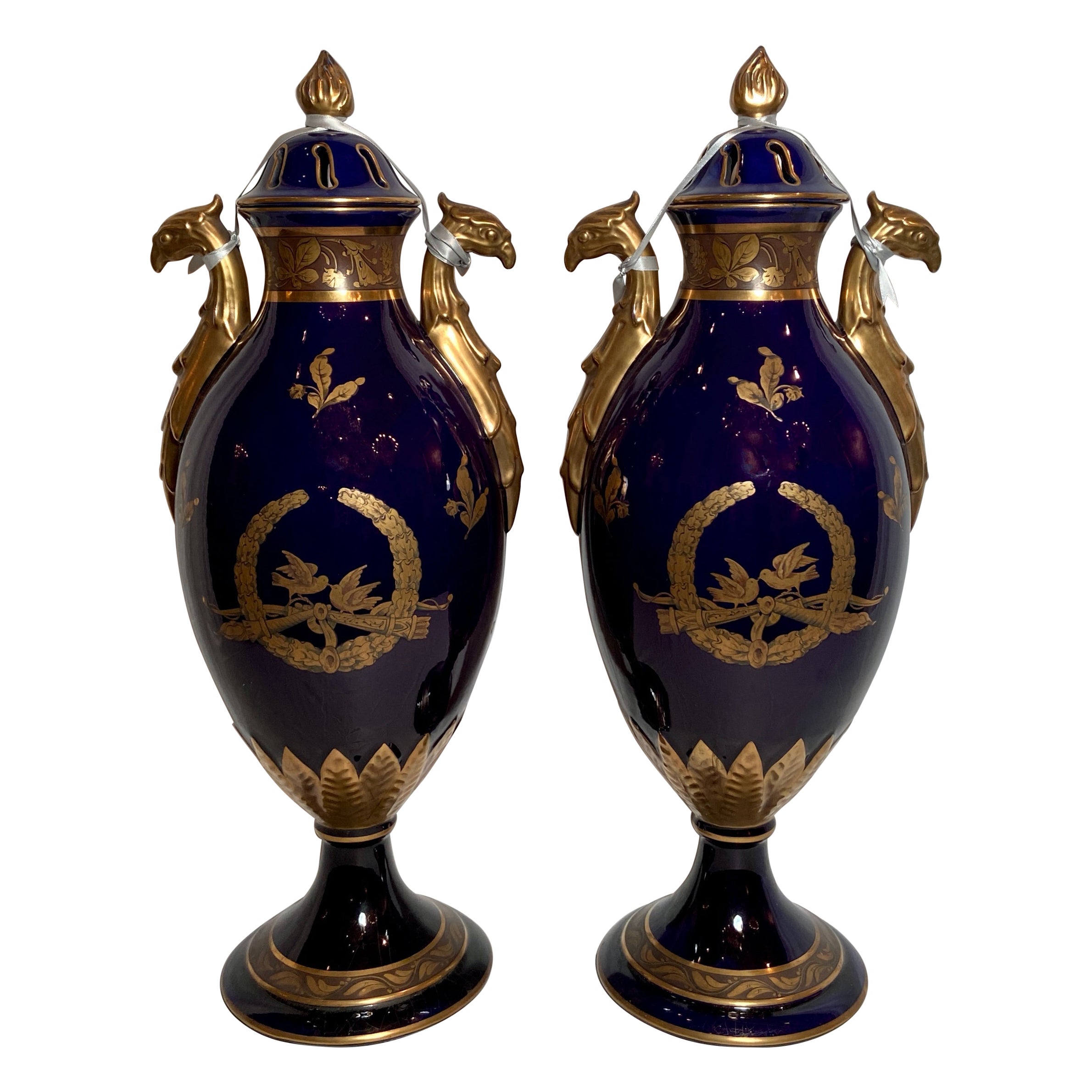 Pair Antique French Cobalt Blue and Gold Porcelain Urns, Circa 1900-1910