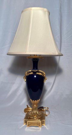 Pair of Antique French Cobalt Blue Porcelain Bronze Dior Lamps, circa 1890