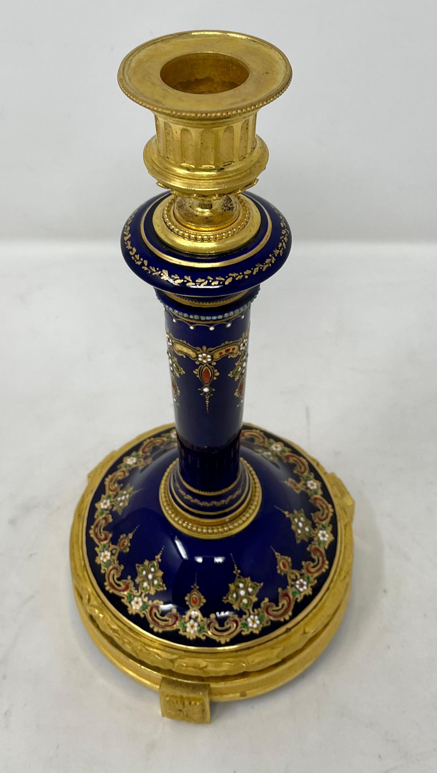 19th Century Pair Antique French Cobalt Jeweled Enamel & Gold Bronze Candlesticks circa 1890 For Sale