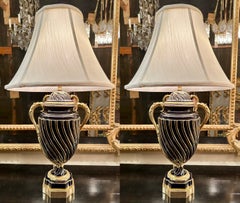 Pair Antique French Cobalt Porcelain Lamps with Ormolu Mounts, Circa 1900-1910.