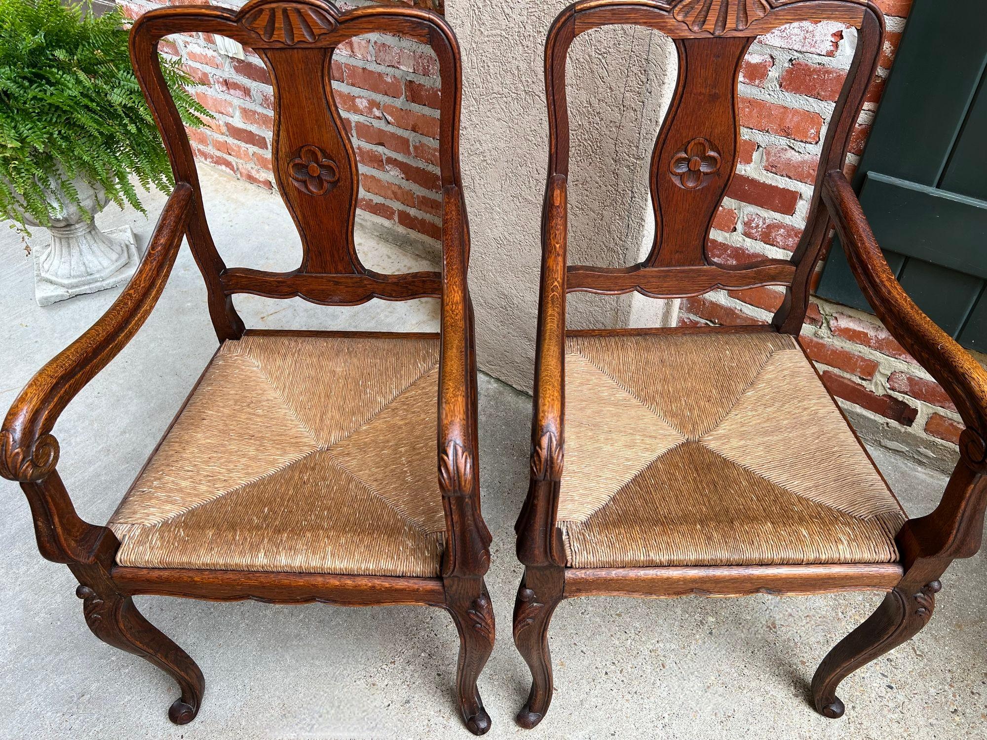 PAIR Antique French Country Carved Oak Dining ARM Chair Rush Seat Set of 2 For Sale 5