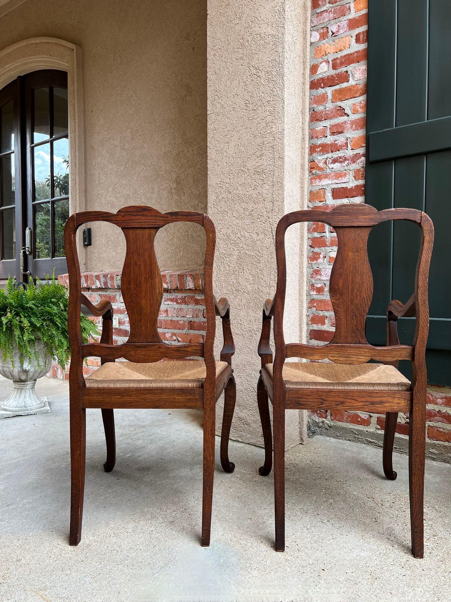 PAIR Antique French Country Carved Oak Dining ARM Chair Rush Seat Set of 2 For Sale 6