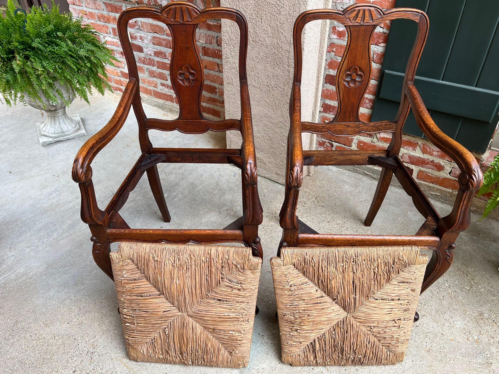 PAIR Antique French Country Carved Oak Dining ARM Chair Rush Seat Set of 2 For Sale 7