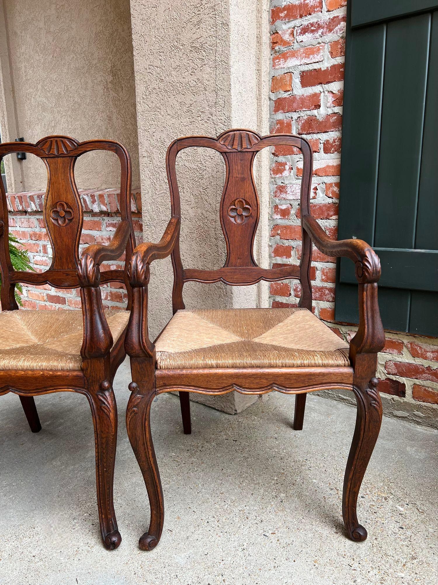 PAIR Antique French Country Carved Oak Dining ARM Chair Rush Seat Set of 2 For Sale 9