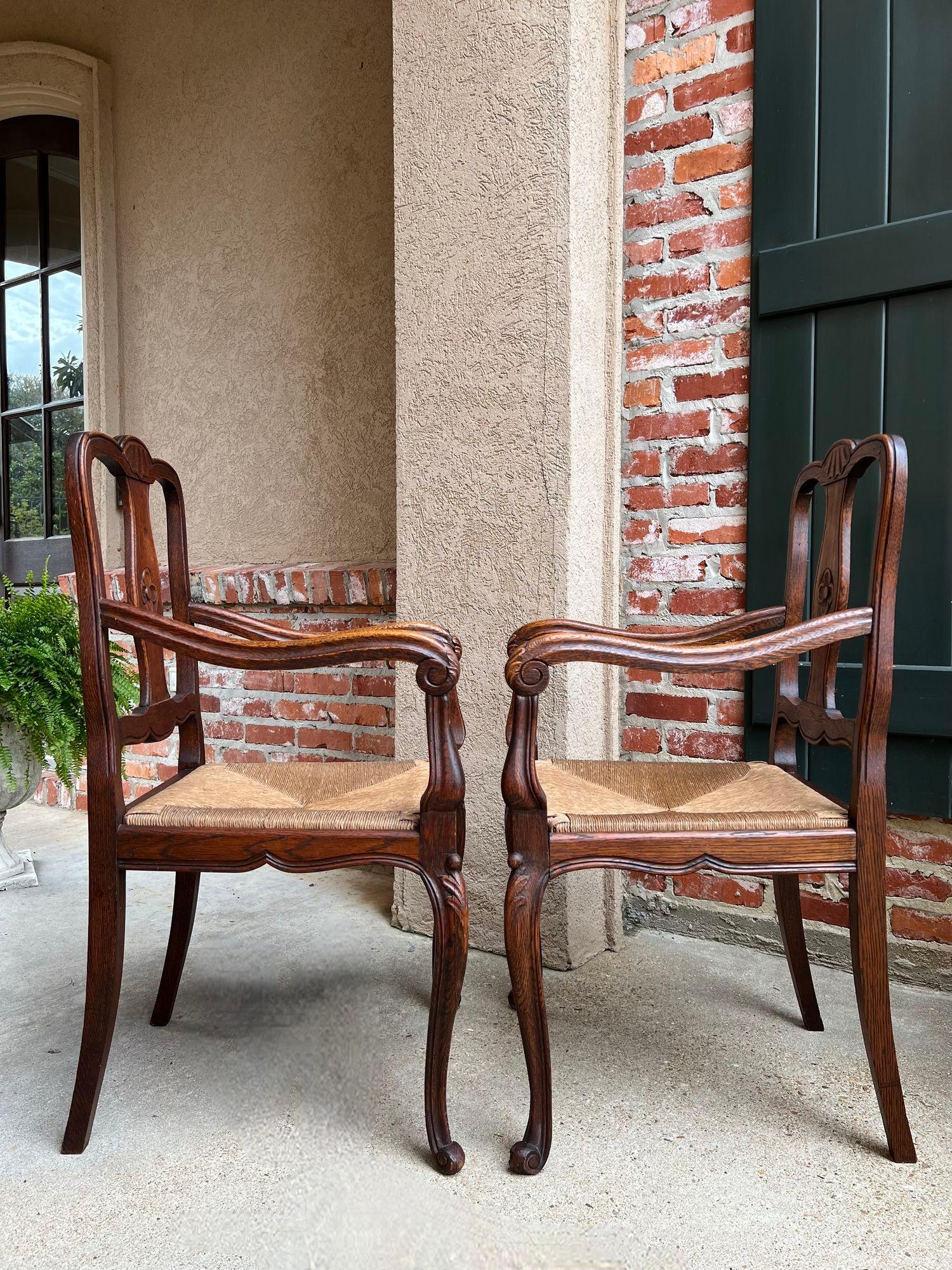 PAIR Antique French Country Carved Oak Dining ARM Chair Rush Seat Set of 2 10