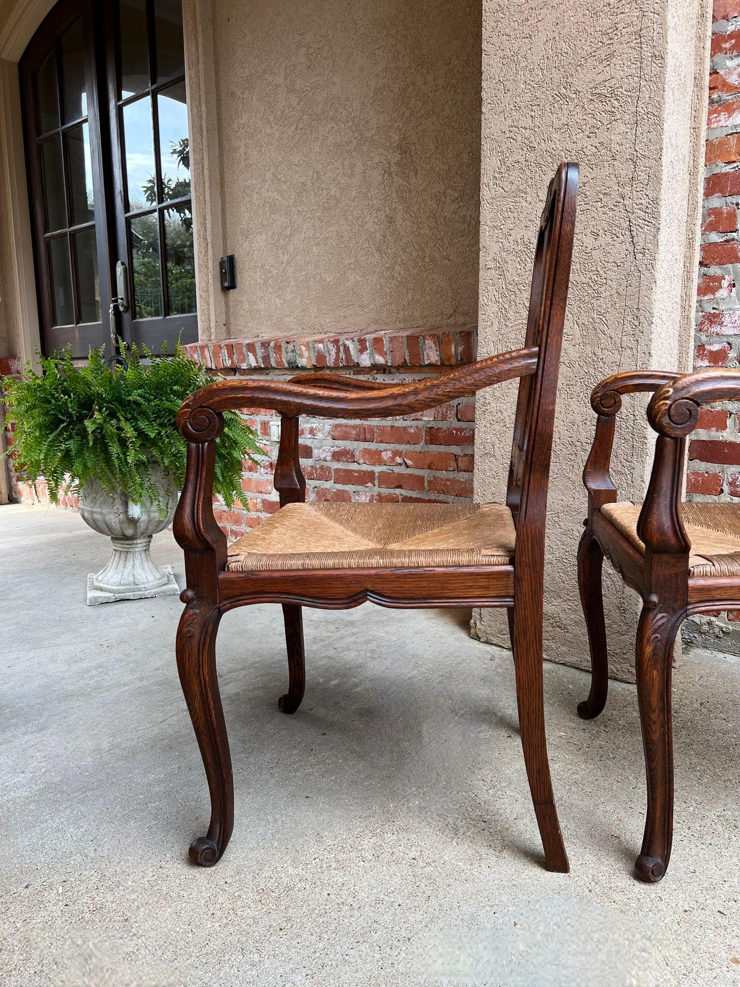 PAIR Antique French Country Carved Oak Dining ARM Chair Rush Seat Set of 2 For Sale 12