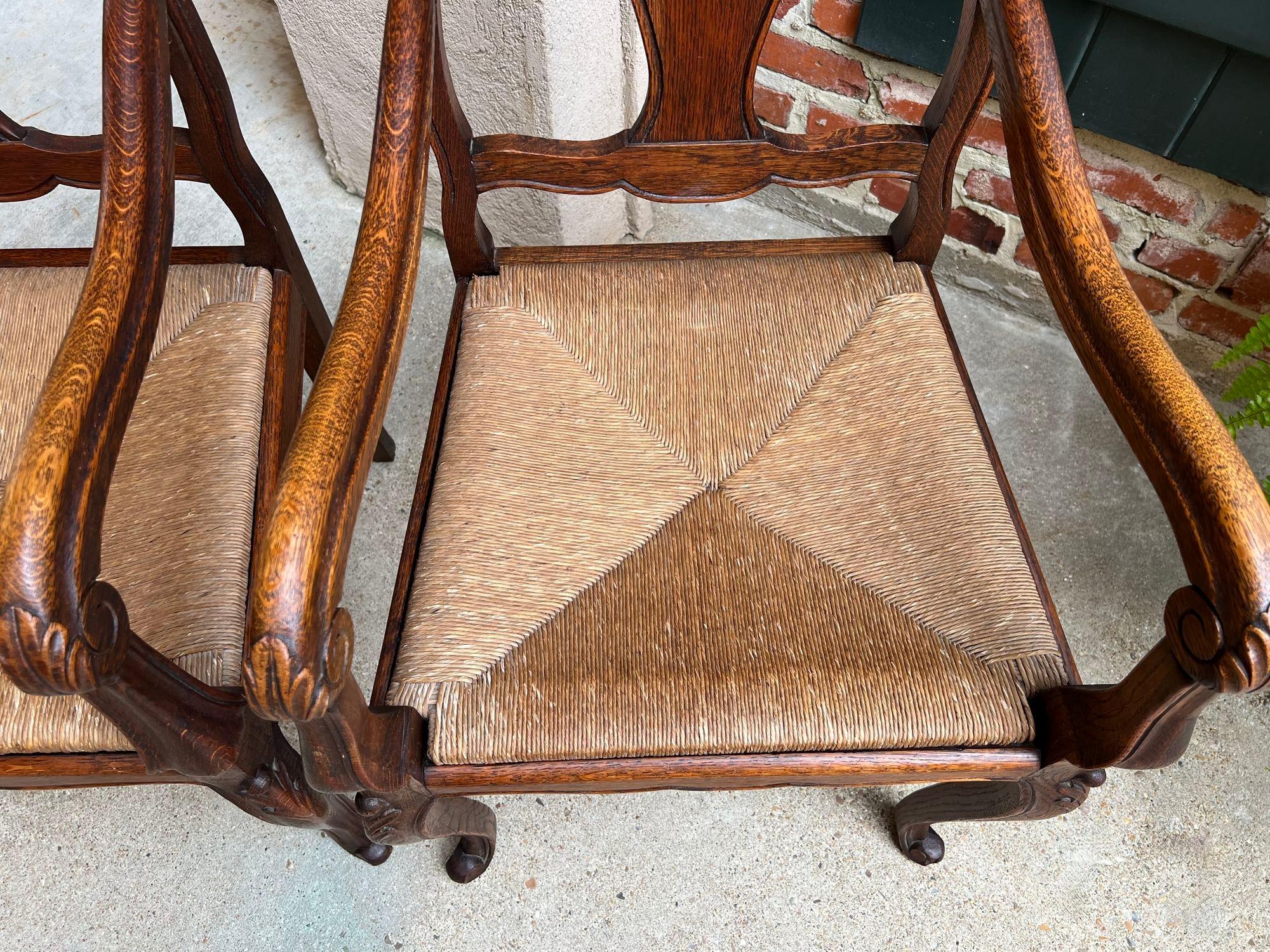 PAIR Antique French Country Carved Oak Dining ARM Chair Rush Seat Set of 2 For Sale 14