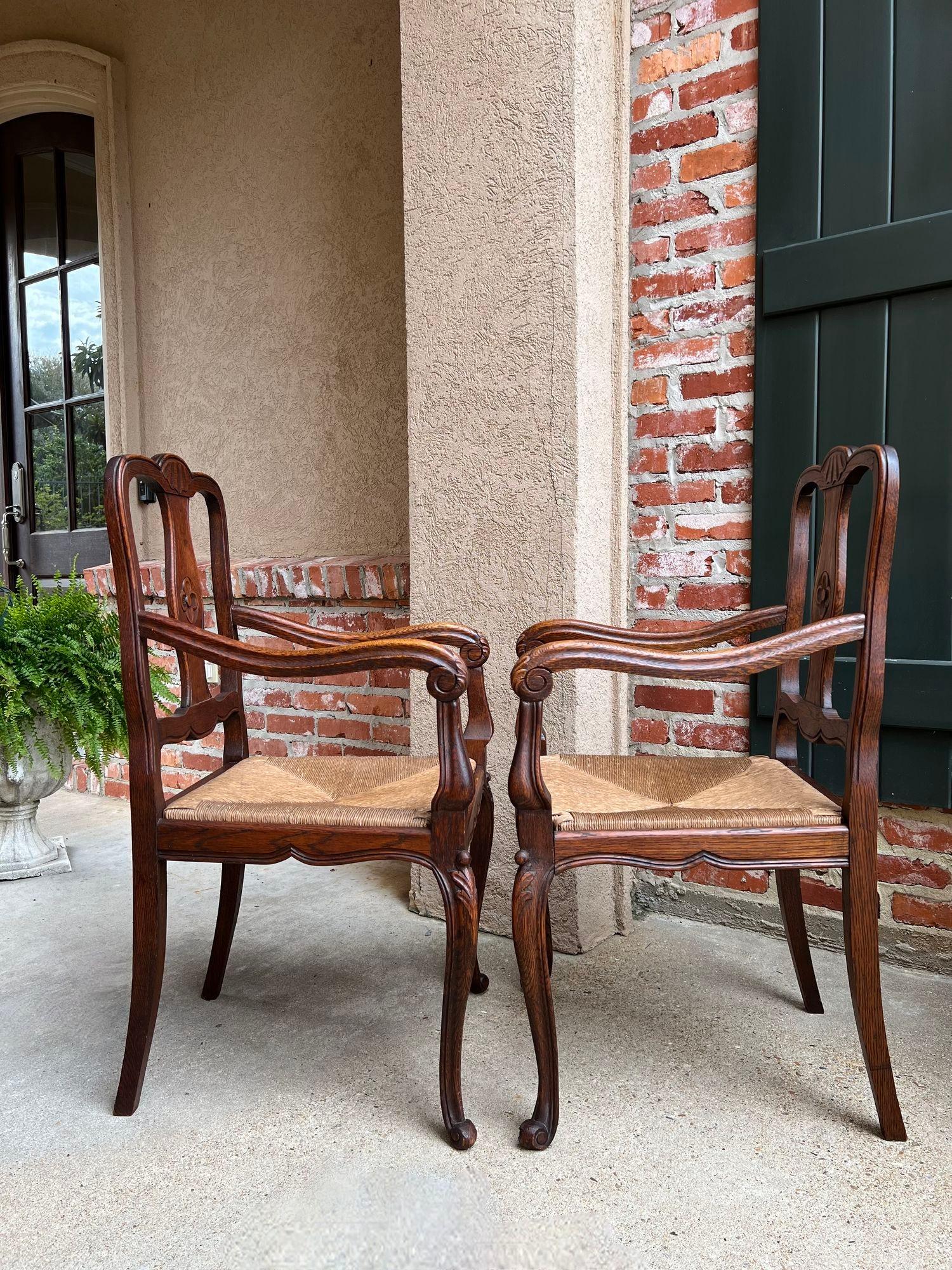 PAIR Antique French Country Carved Oak Dining ARM Chair Rush Seat Set of 2 For Sale 1