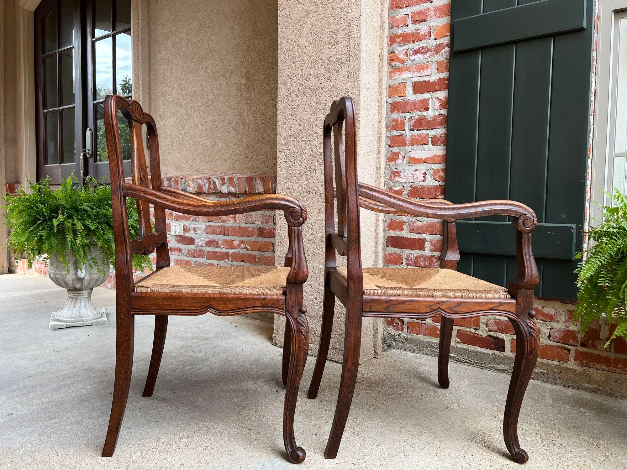 PAIR Antique French Country Carved Oak Dining ARM Chair Rush Seat Set of 2 For Sale 2