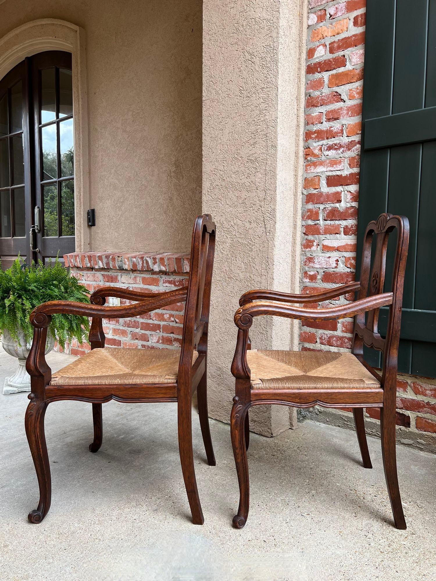 PAIR Antique French Country Carved Oak Dining ARM Chair Rush Seat Set of 2 For Sale 3