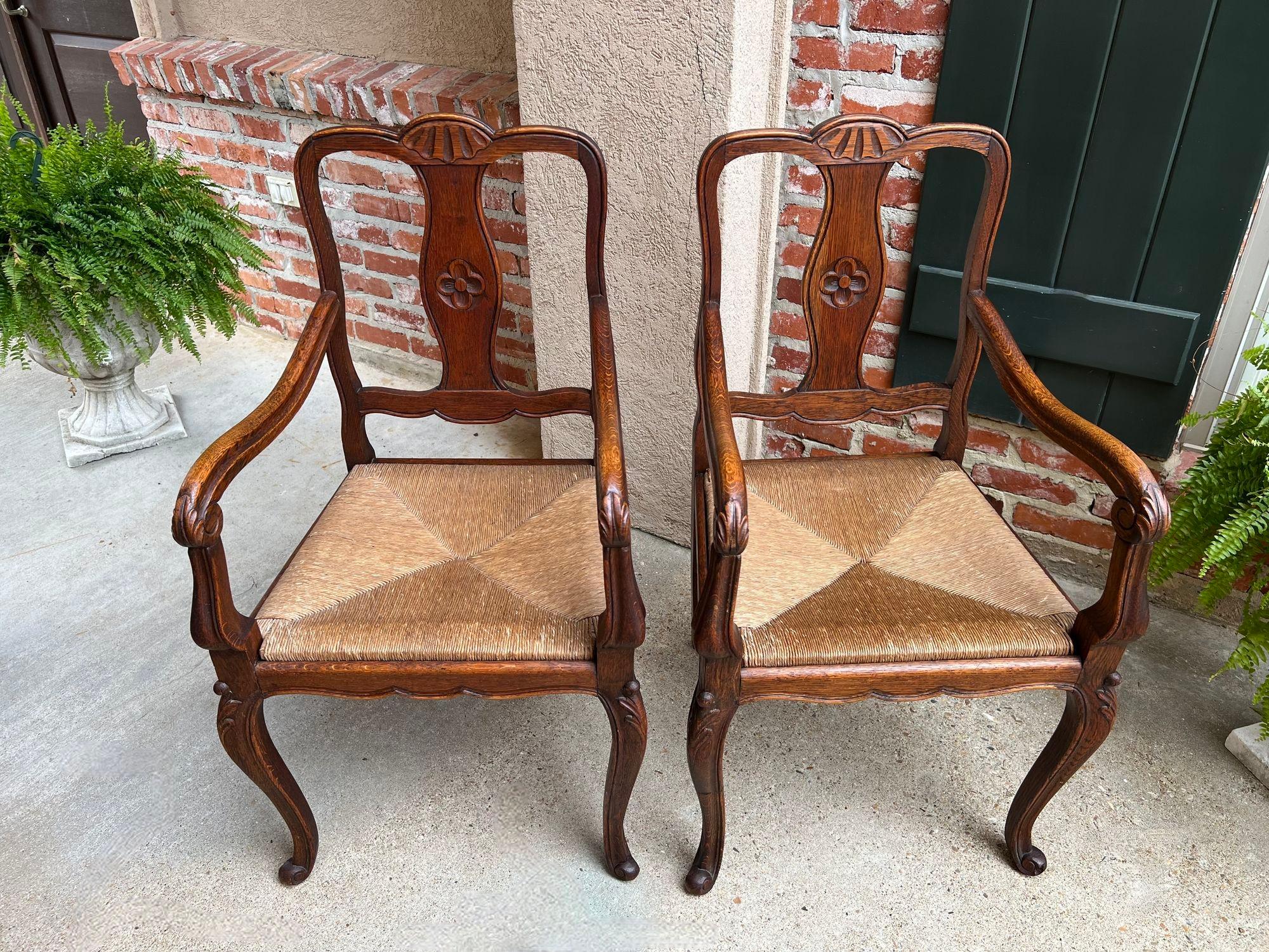 PAIR Antique French Country Carved Oak Dining ARM Chair Rush Seat Set of 2 For Sale 4
