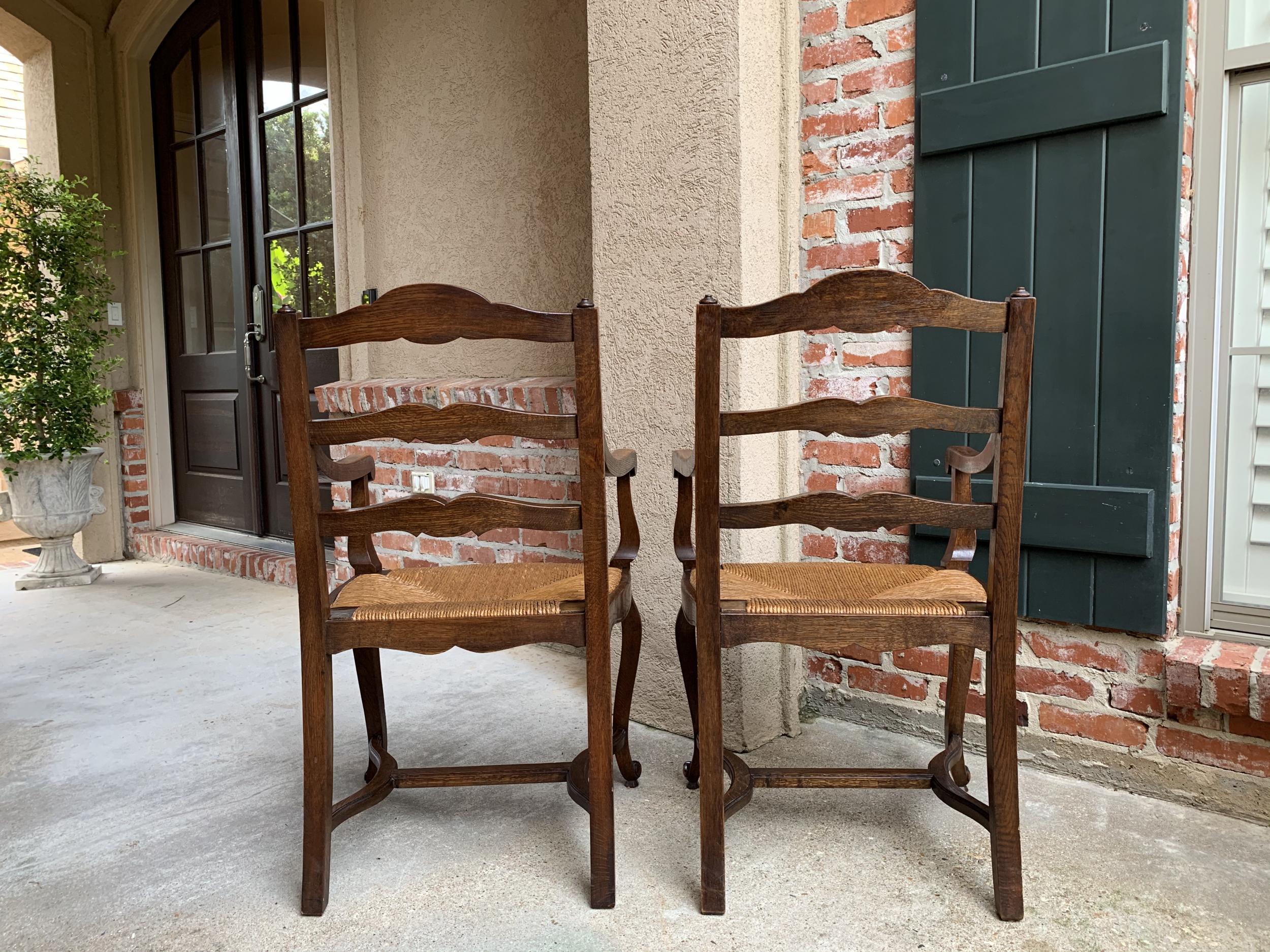 Pair of Antique French Country Carved Oak Ladder Back Dining Armchair Rush Seat 4