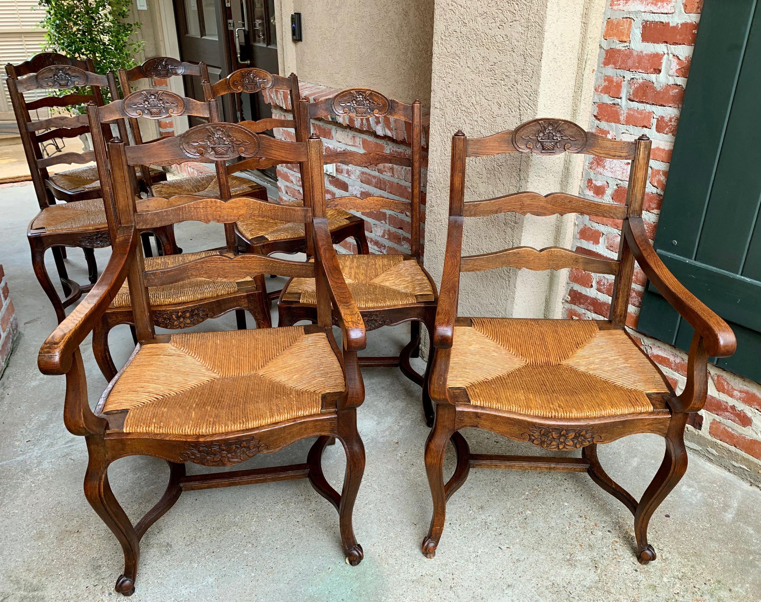 Pair of Antique French Country Carved Oak Ladder Back Dining Armchair Rush Seat 6