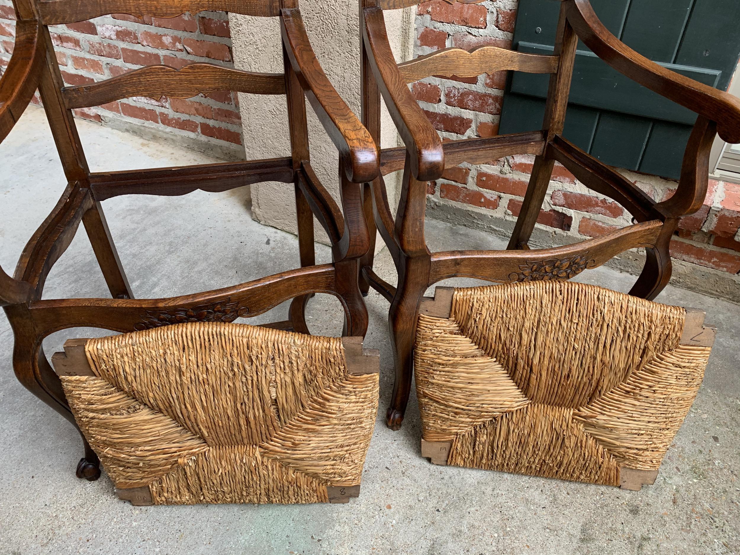 Pair of Antique French Country Carved Oak Ladder Back Dining Armchair Rush Seat 11