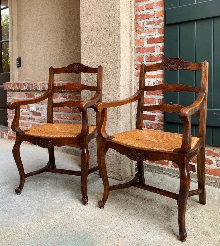 Pair of Antique French Country Carved Oak Ladder Back Dining Armchair
