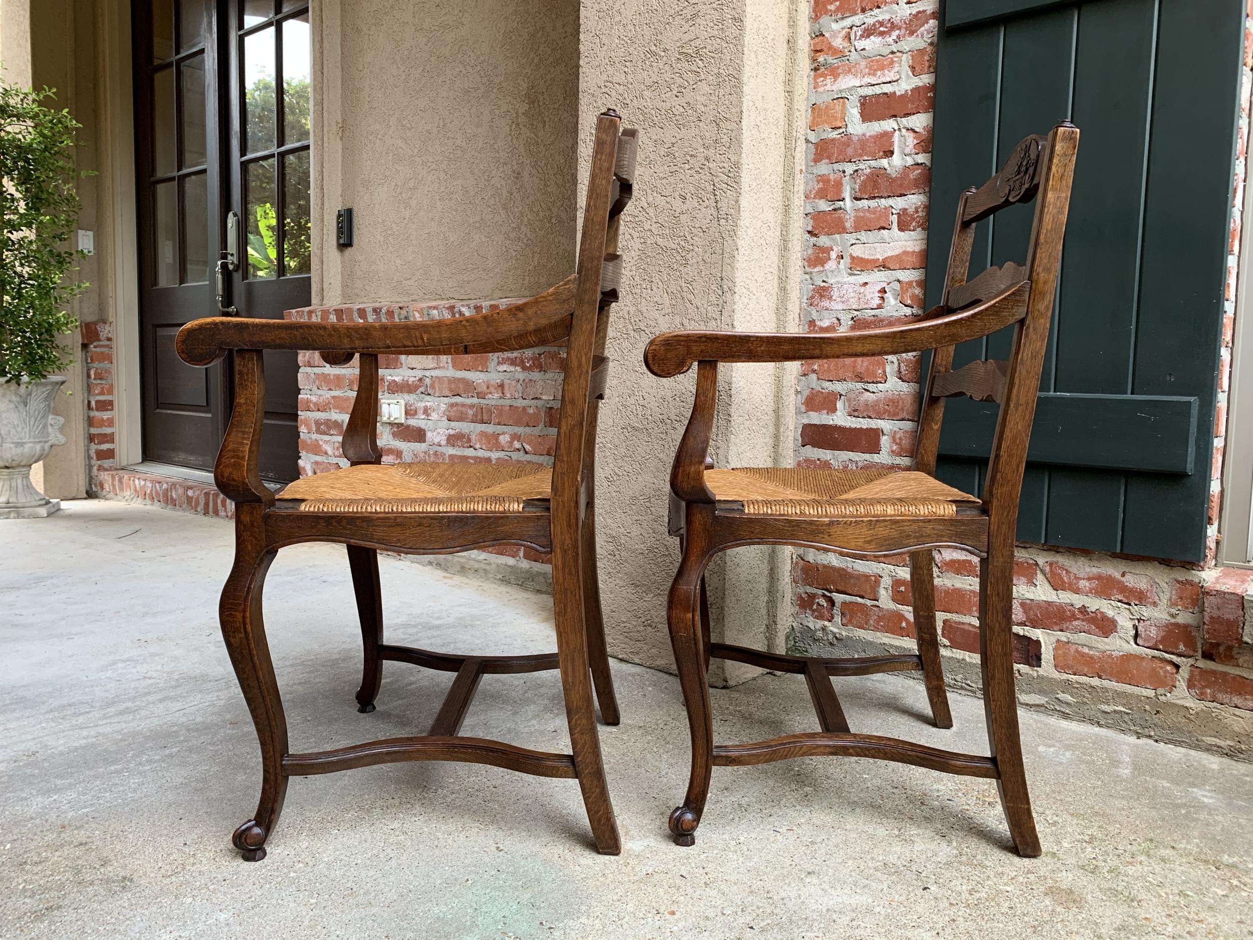 Pair of Antique French Country Carved Oak Ladder Back Dining Armchair Rush Seat 3