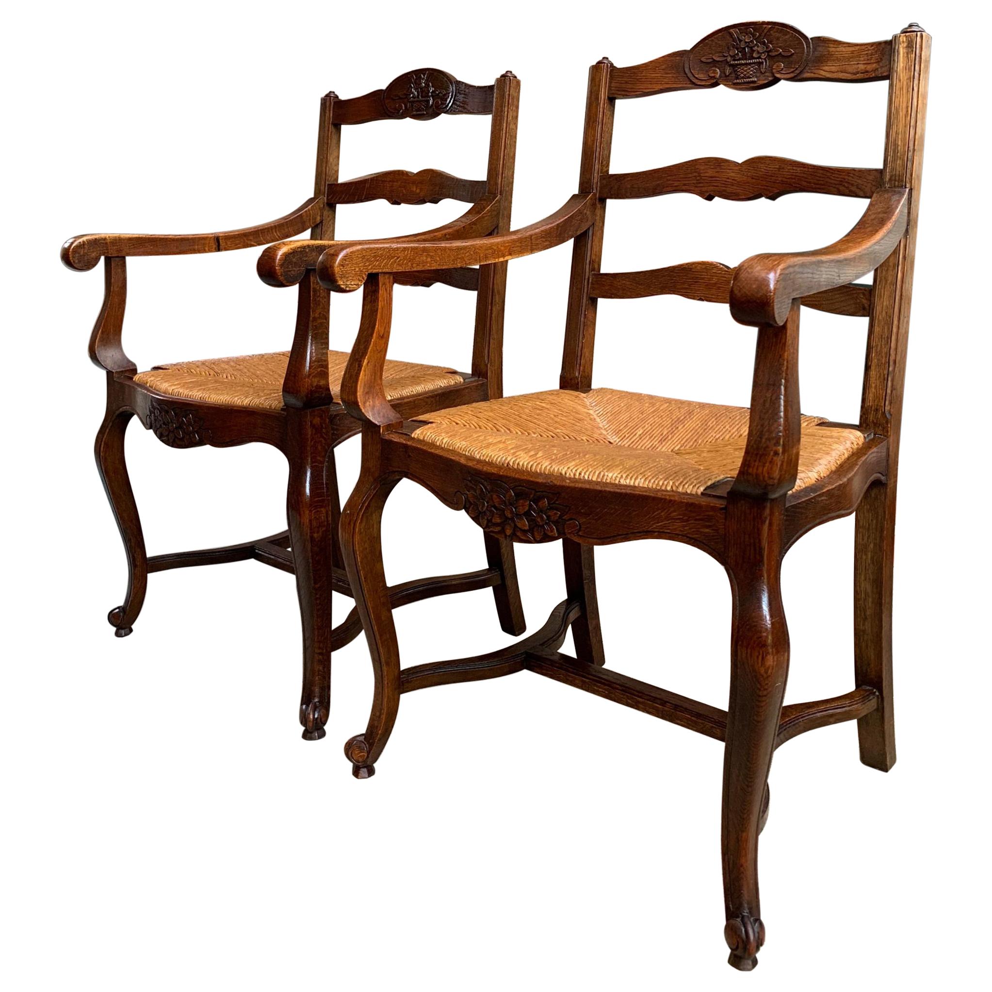Pair of Antique French Country Carved Oak Ladder Back Dining Armchair Rush Seat