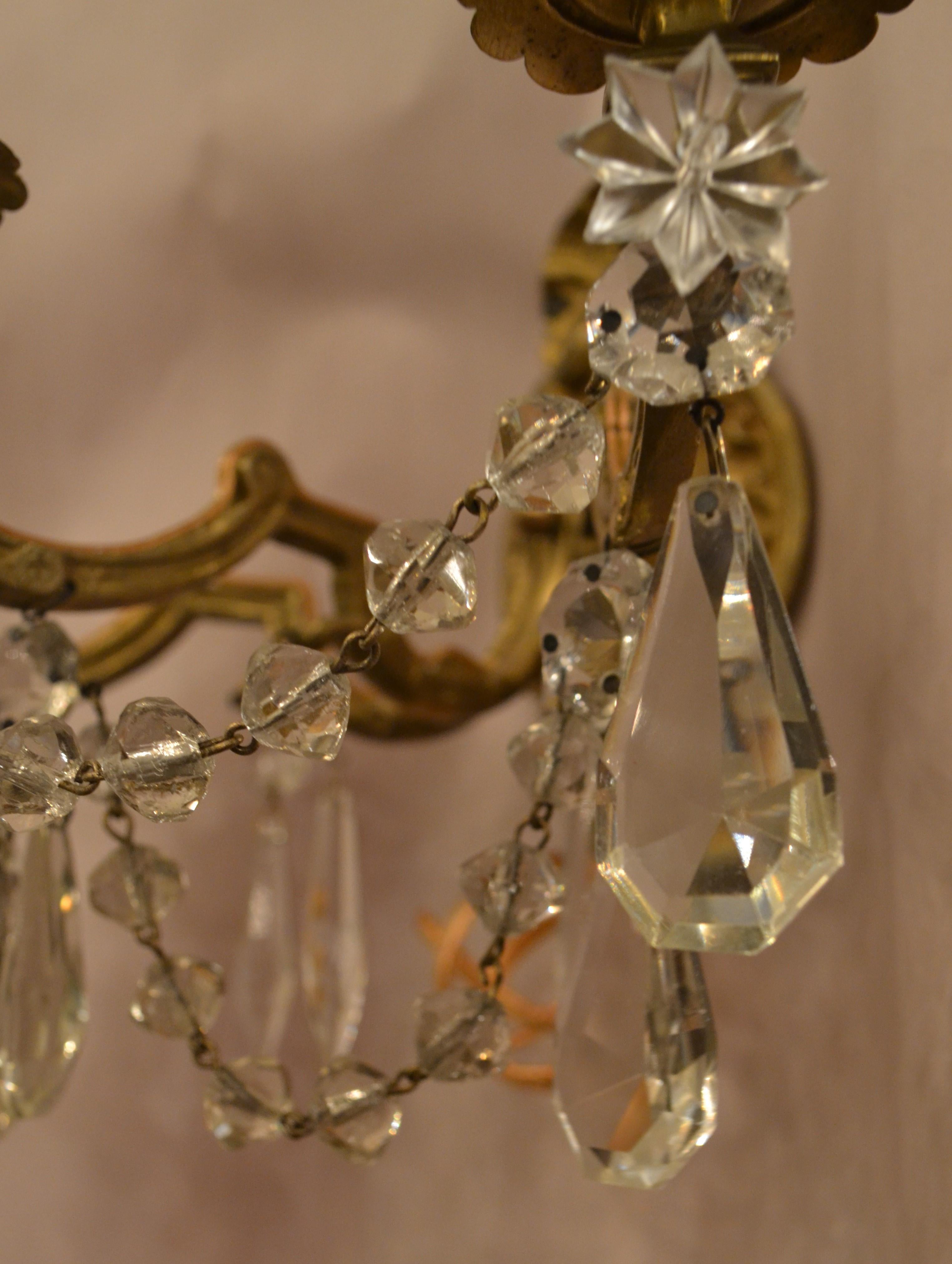 19th Century Pair of Antique French Crystal and Bronze Sconces