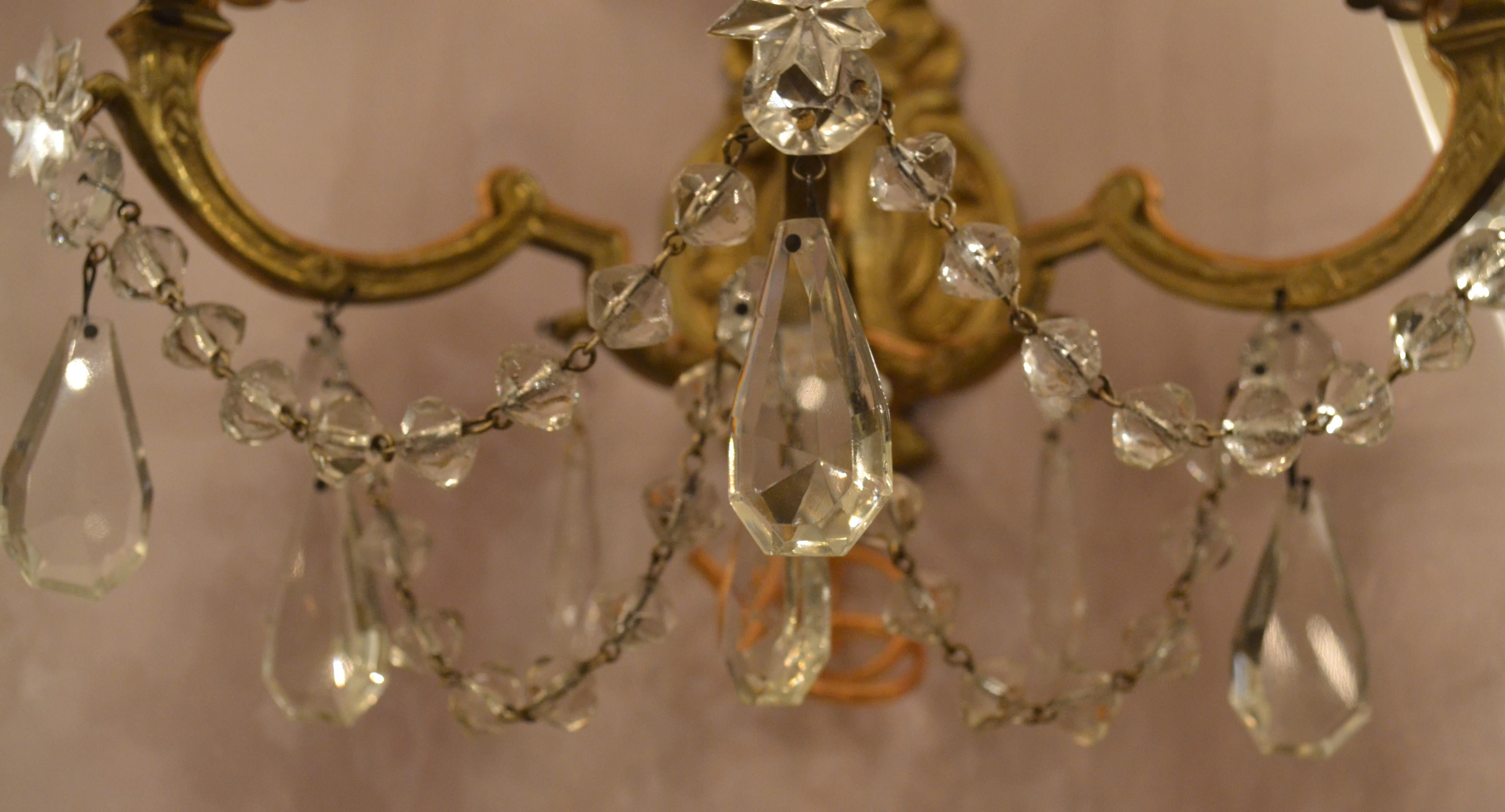 Pair of Antique French Crystal and Bronze Sconces 1