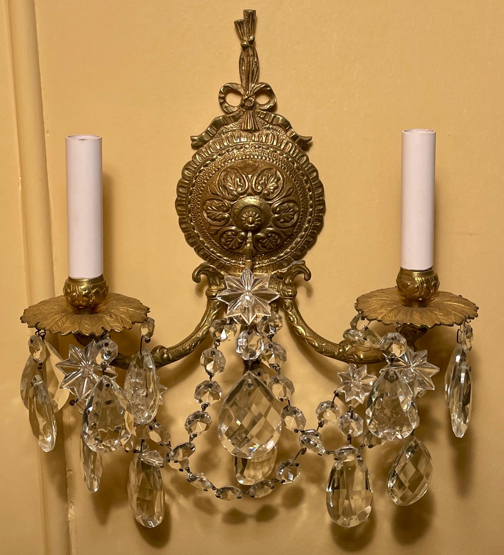 Pair Antique French Crystal and Gold Bronze 2 Light Sconces, circa 1900 In Good Condition For Sale In New Orleans, LA