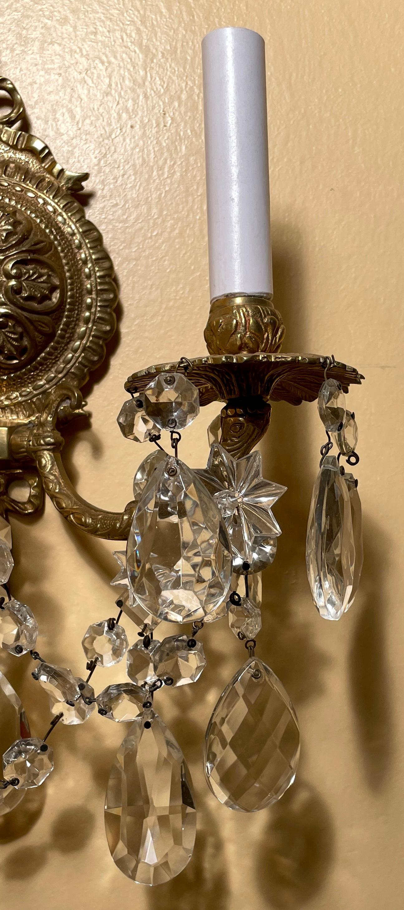 20th Century Pair Antique French Crystal and Gold Bronze 2 Light Sconces, circa 1900 For Sale