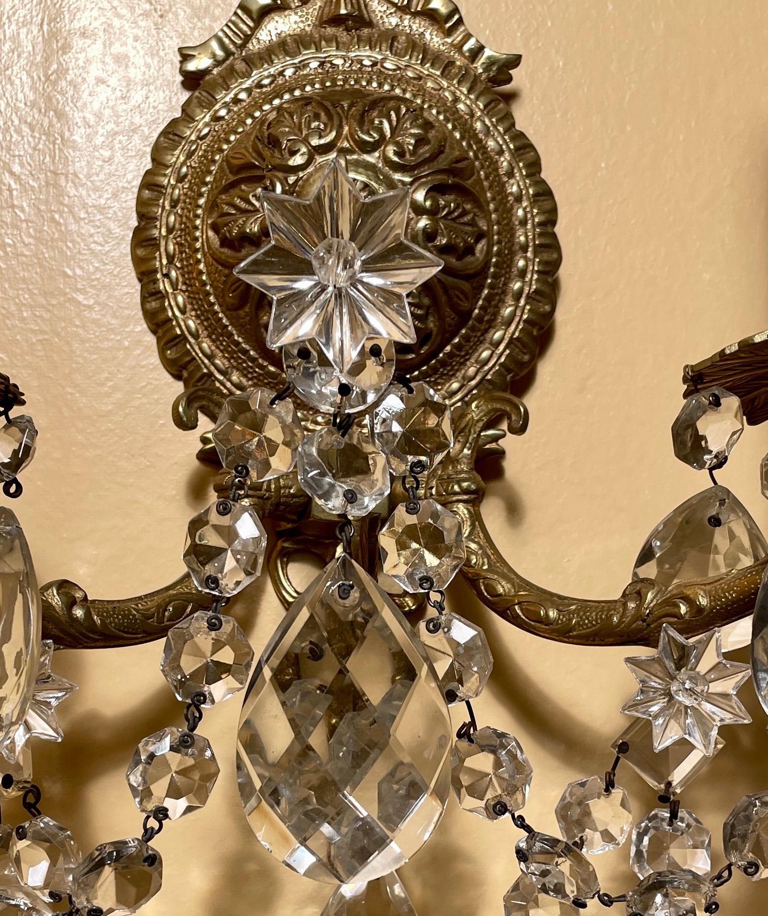 Pair Antique French Crystal and Gold Bronze 2 Light Sconces, circa 1900 For Sale 1