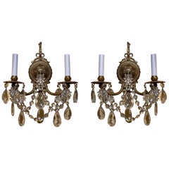 Pareja de Apliques de Cristal Francés Antiguo y Bronce Dorado de 2 Luces, circa 1900