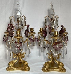Pair Antique French Crystal and Gold Bronze Candelabra, Circa 1890's