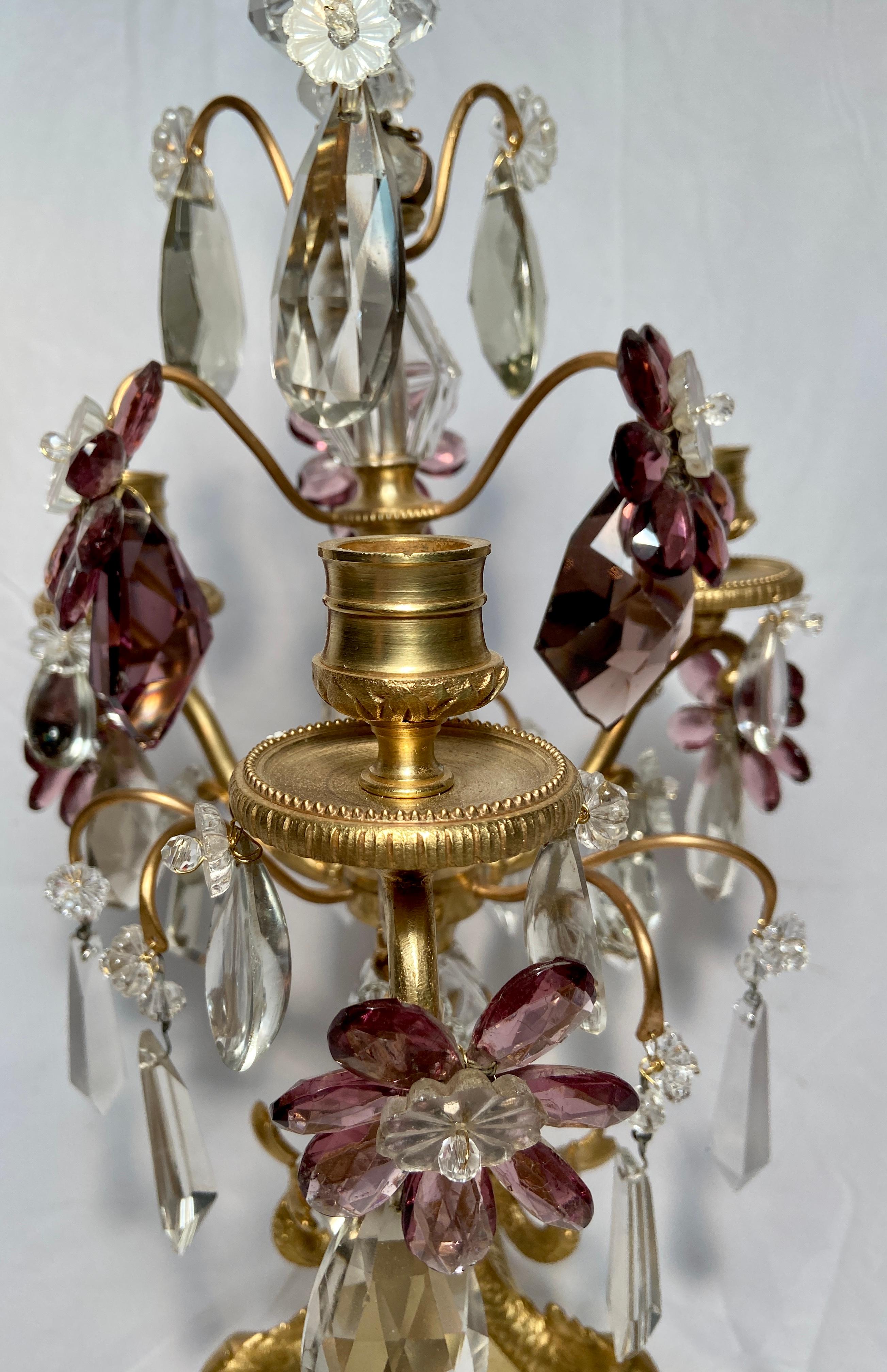Pair Antique French Crystal and Gold Bronze Candelabra, Circa 1890's In Good Condition For Sale In New Orleans, LA
