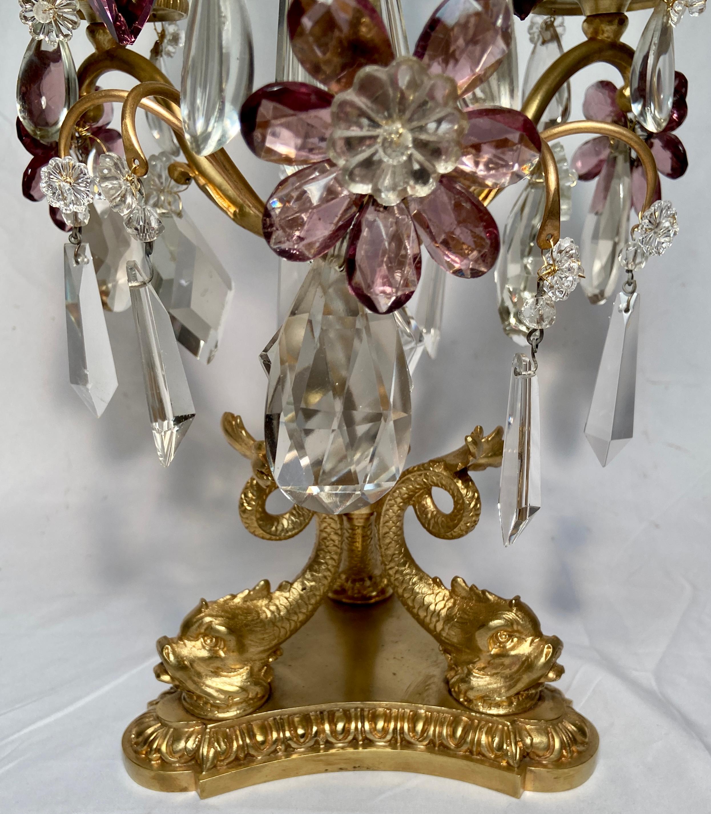 19th Century Pair Antique French Crystal and Gold Bronze Candelabra, Circa 1890's For Sale