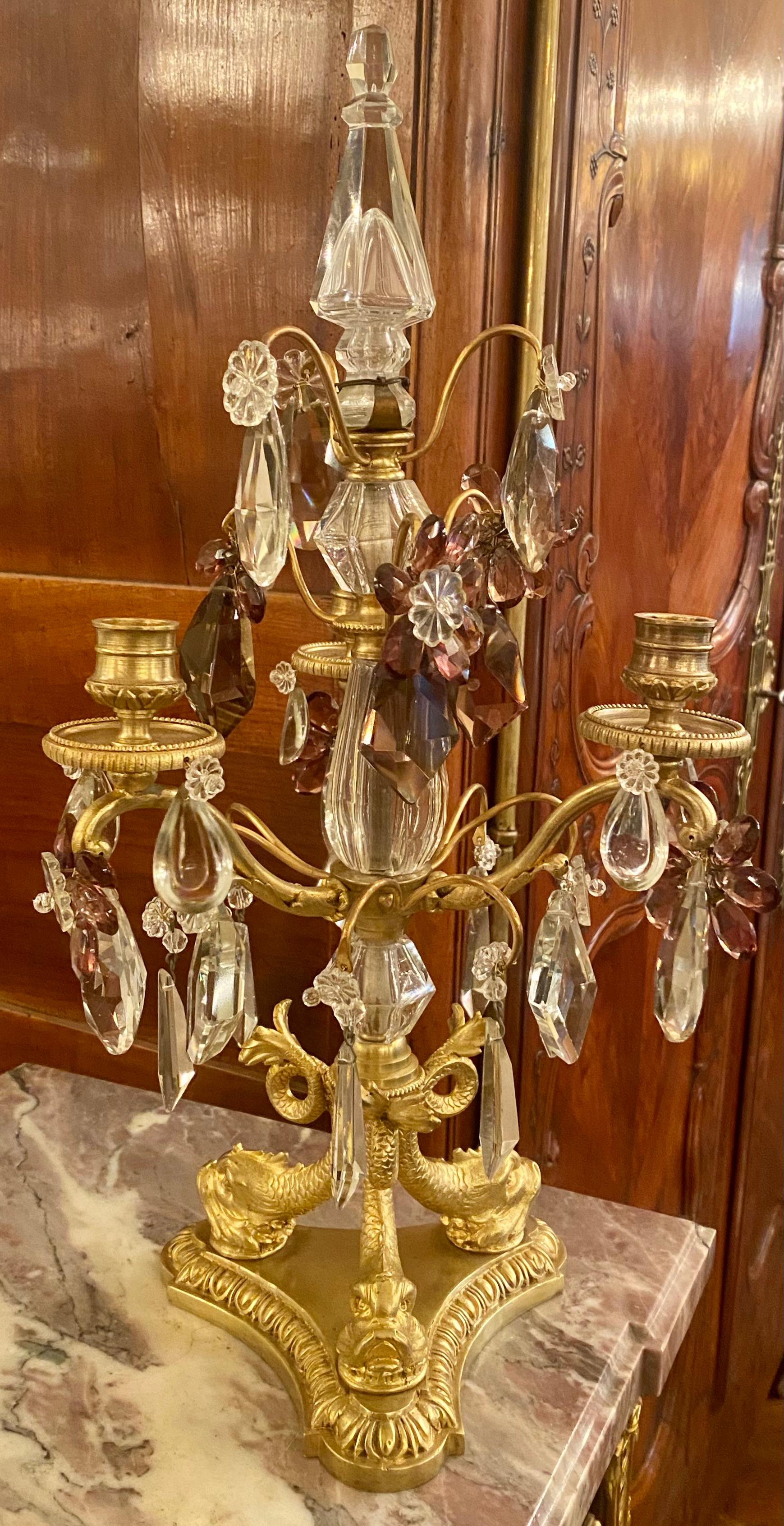 Pair Antique French Crystal and Gold Bronze Candelabra, Circa 1890's For Sale 1