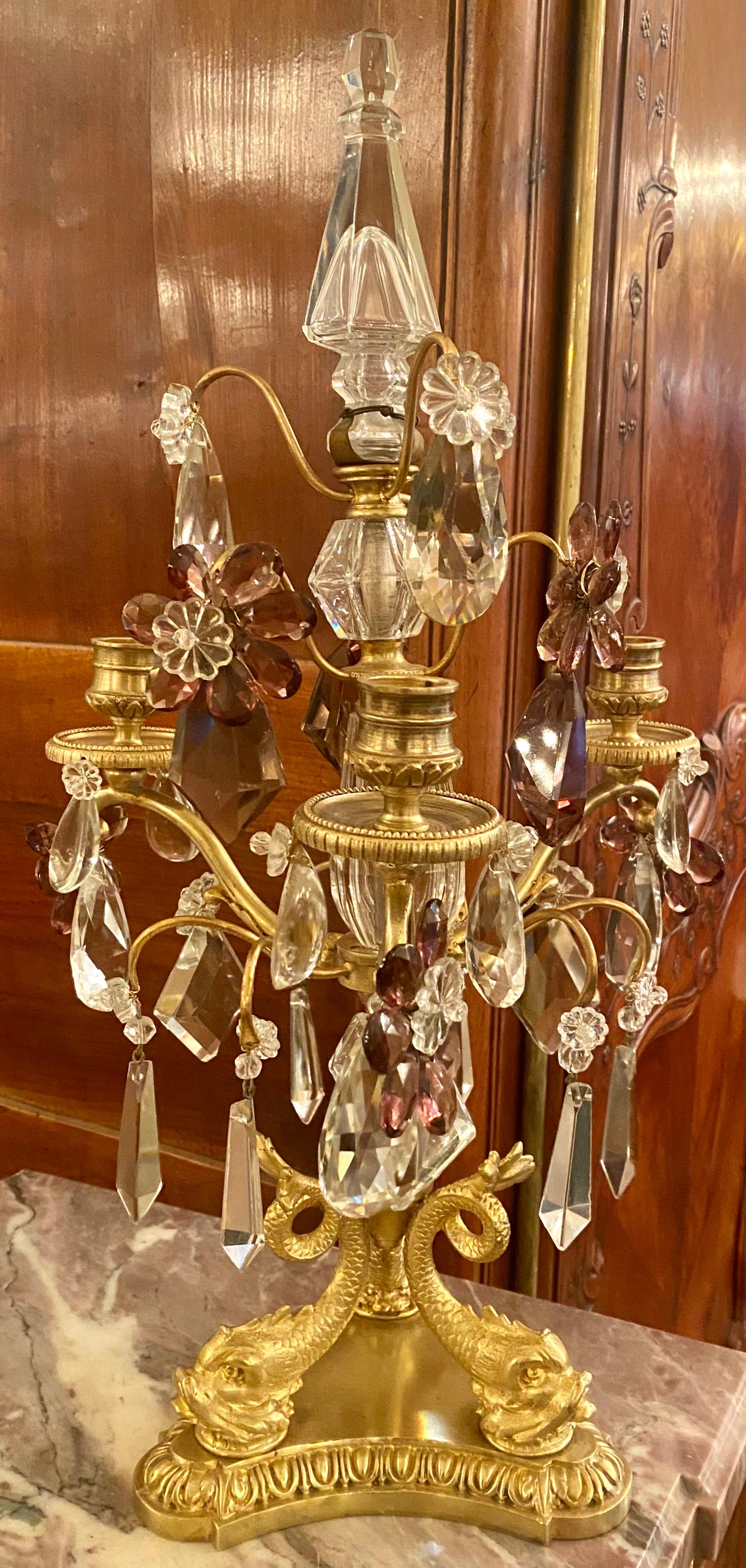 Pair Antique French Crystal and Gold Bronze Candelabra, Circa 1890's For Sale 2