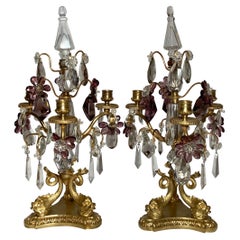 Pair Antique French Crystal and Gold Bronze Candelabra, Circa 1890's