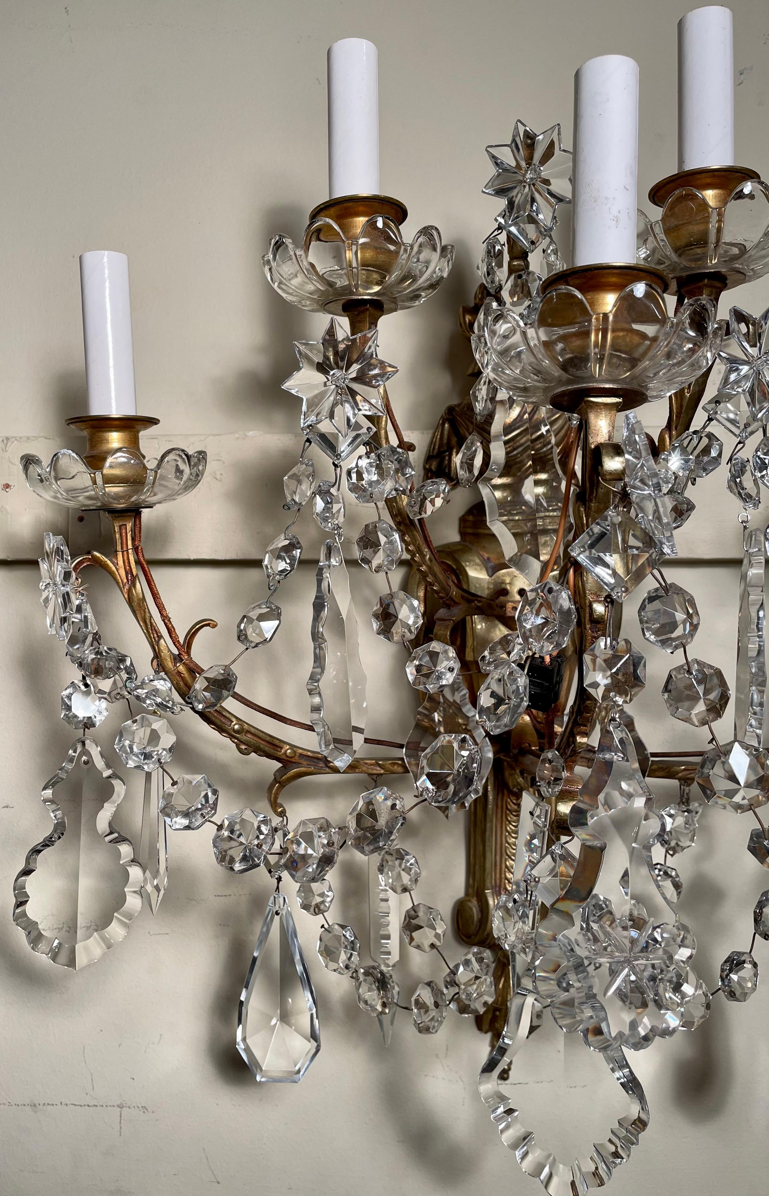 Pair Antique French Crystal and Gold Bronze Five-Light Sconces, Circa 1890-1910 In Good Condition For Sale In New Orleans, LA