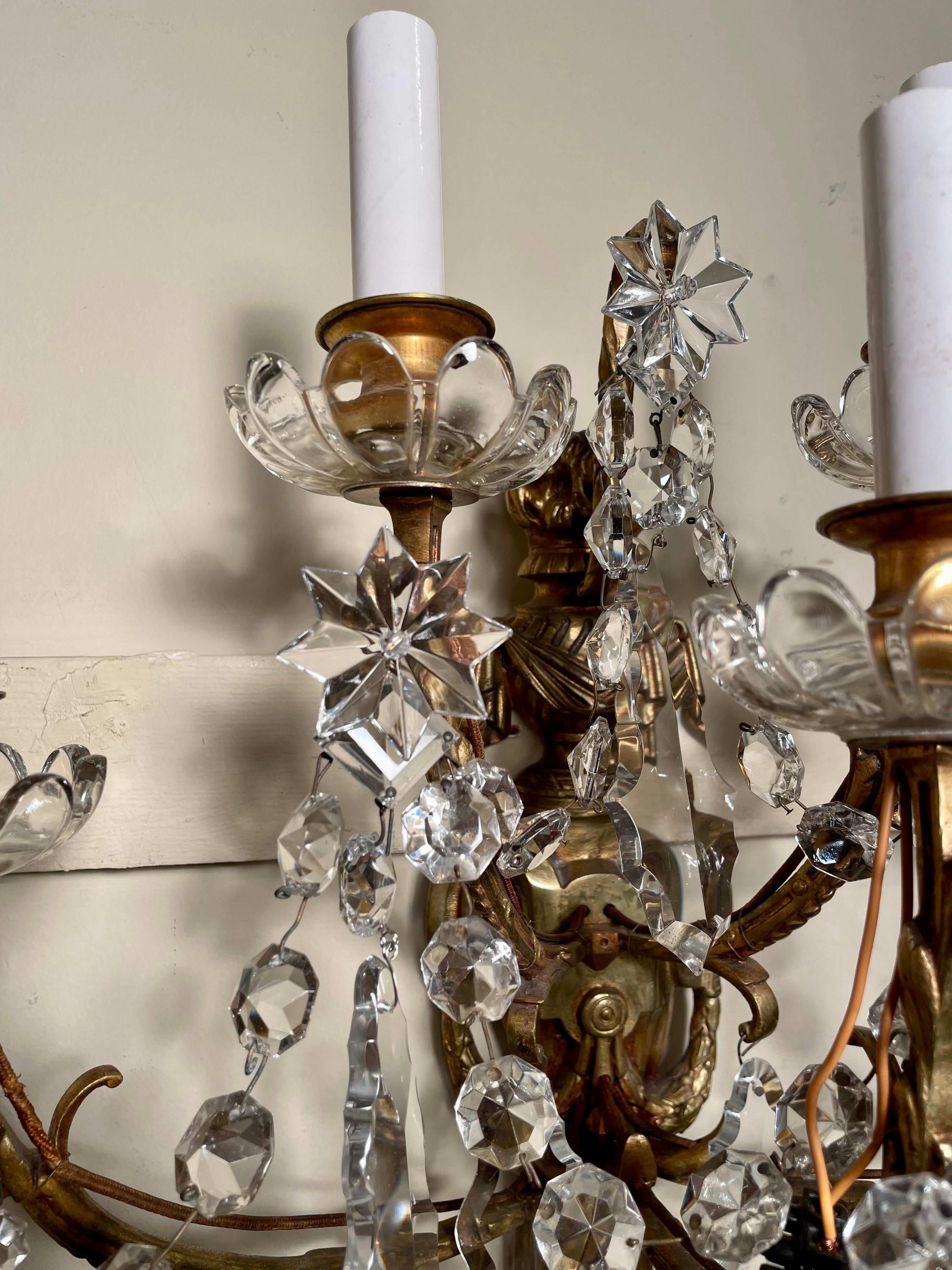 19th Century Pair Antique French Crystal and Gold Bronze Five-Light Sconces, Circa 1890-1910 For Sale