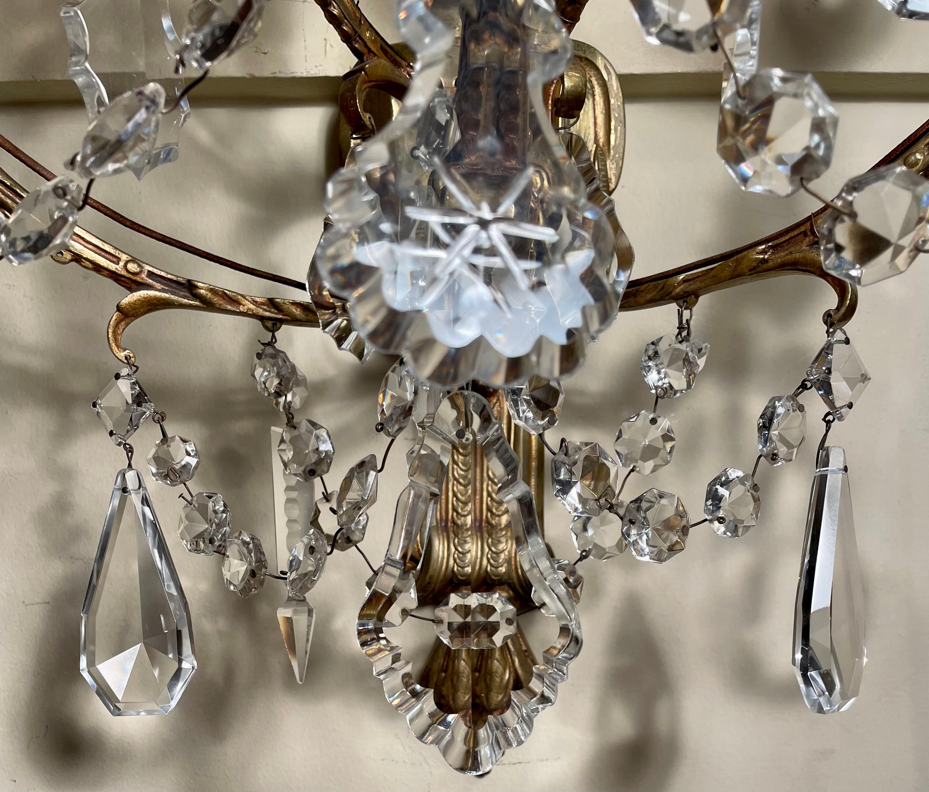 Pair Antique French Crystal and Gold Bronze Five-Light Sconces, Circa 1890-1910 For Sale 1