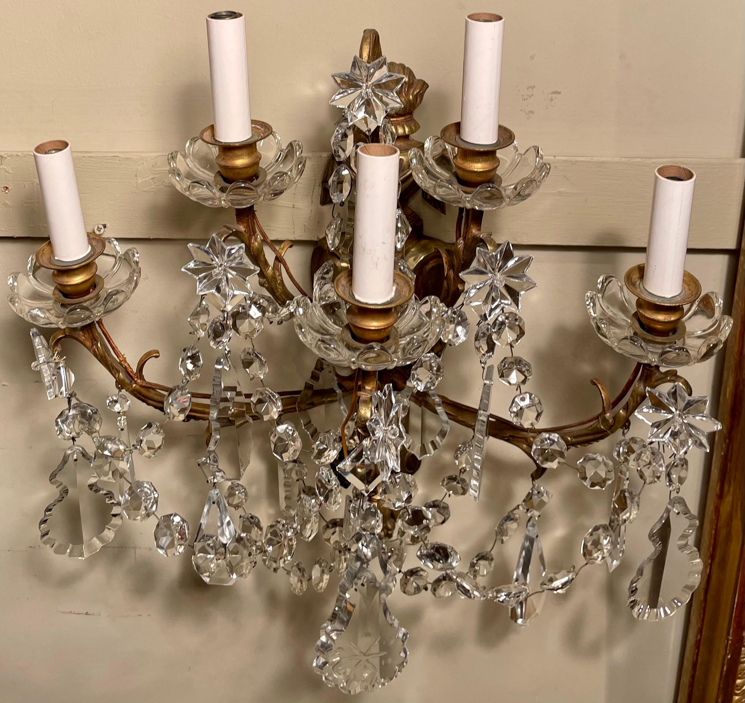 Pair Antique French Crystal and Gold Bronze Five-Light Sconces, Circa 1890-1910 For Sale 2