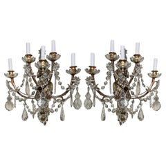 Coppia di antiche lampade a cinque luci in cristallo e bronzo dorato, circa 1890-1910