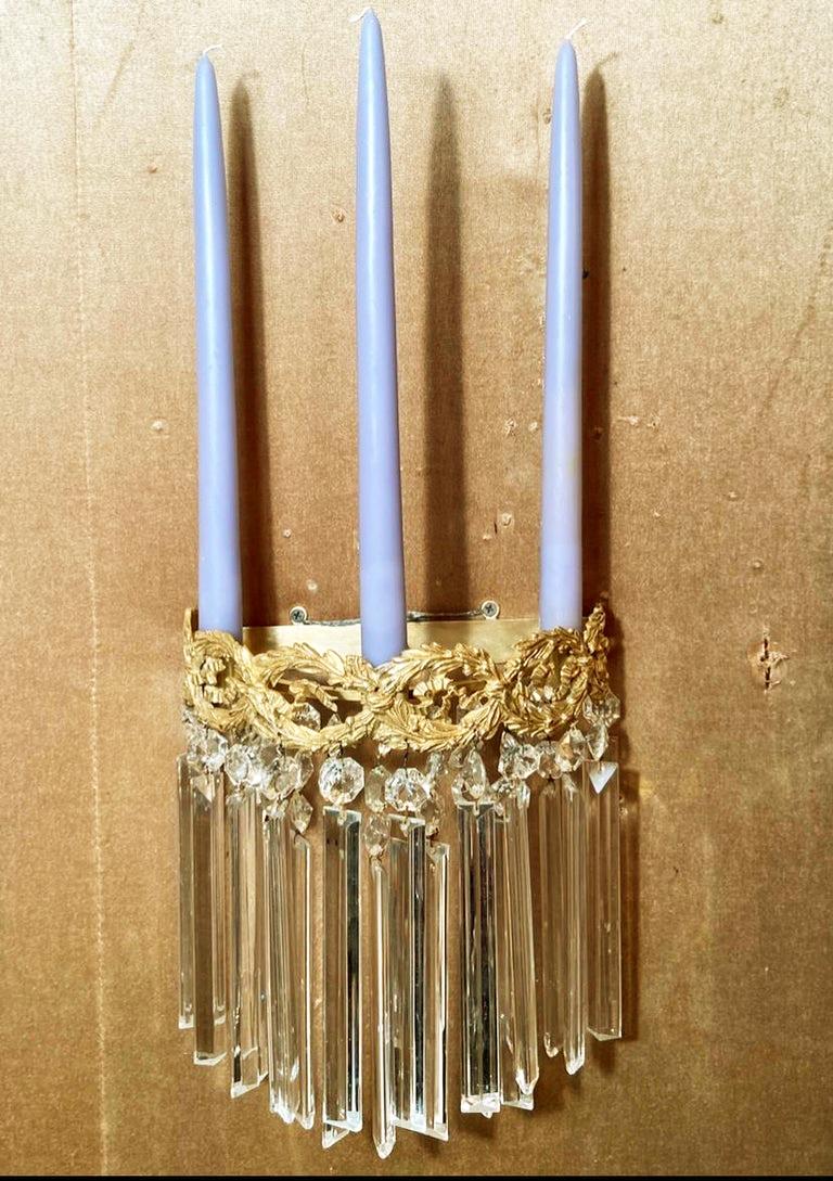 Pair antique French crystal and gold bronze sconces, Circa 1890's.