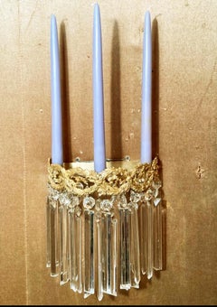 Pair Antique French Crystal and Gold Bronze Sconces, Circa 1890's