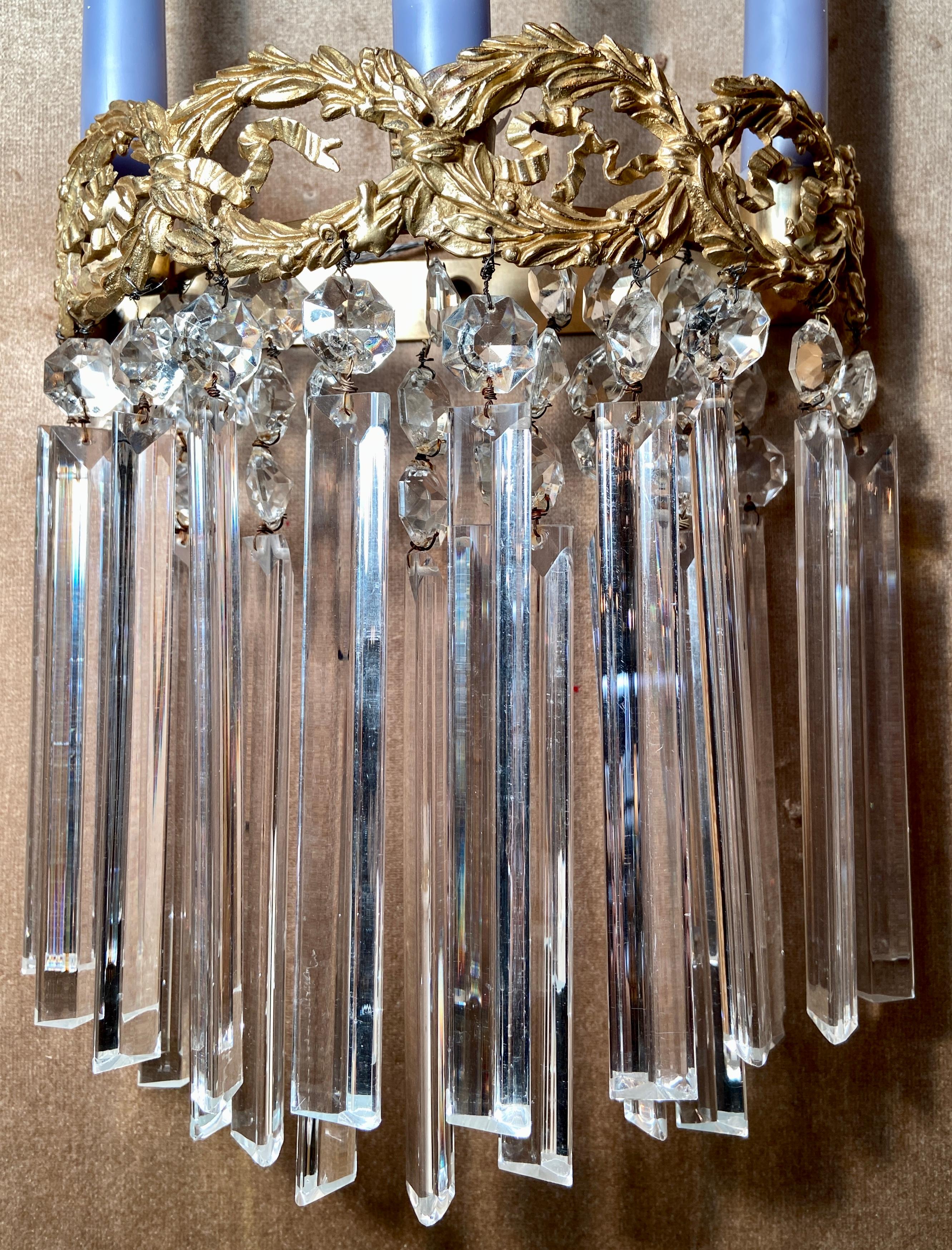 Pair Antique French Crystal and Gold Bronze Sconces, Circa 1890's In Good Condition For Sale In New Orleans, LA