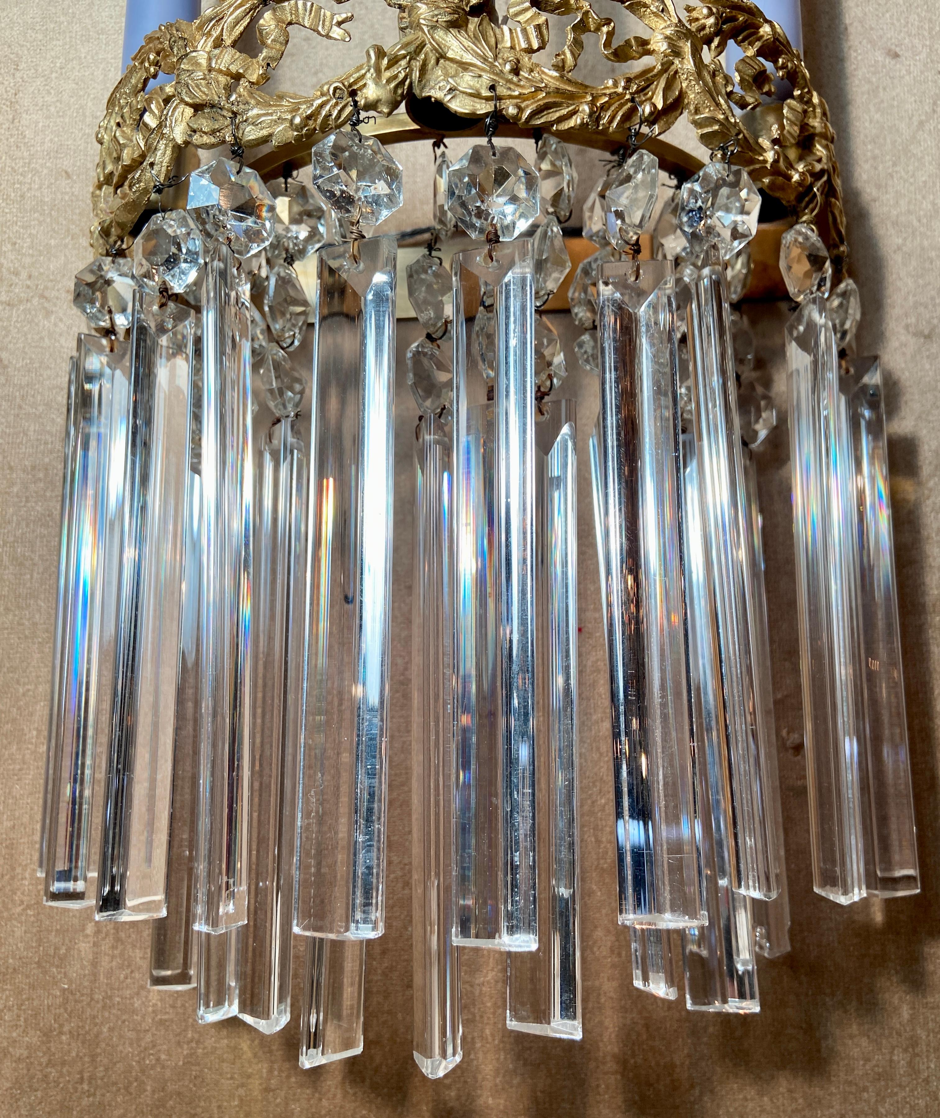 Pair Antique French Crystal and Gold Bronze Sconces, Circa 1890's For Sale 1
